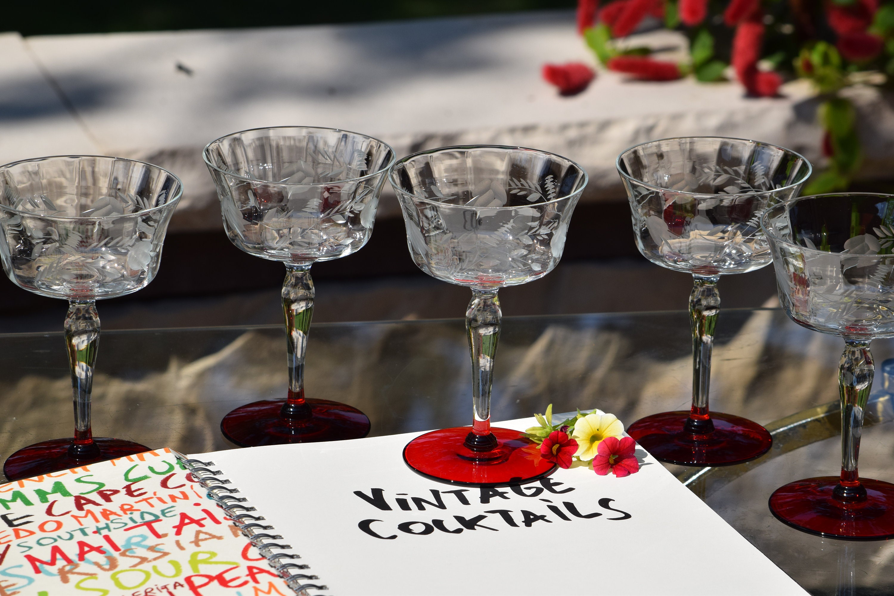 6 Vintage Etched Wine ~ Cocktail Glasses with Red stem, Vintage