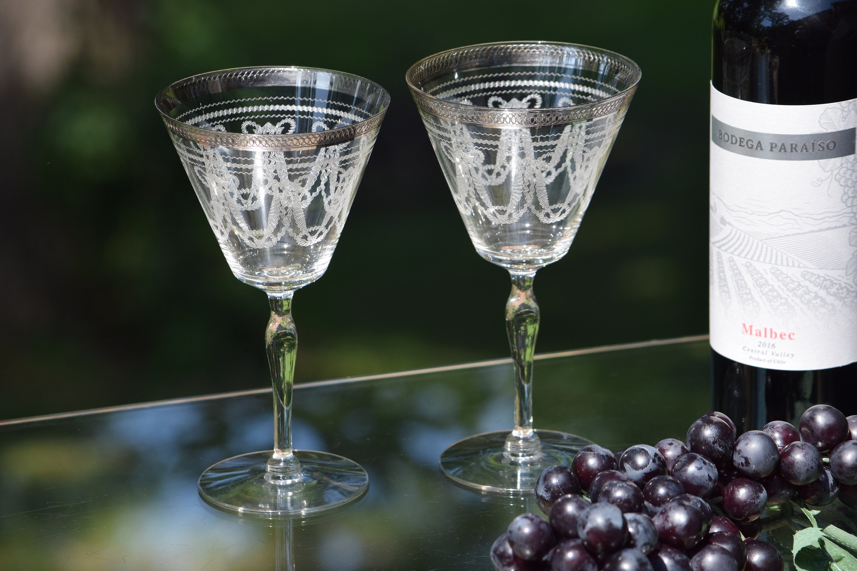 Vintage CRYSTAL Platinum Encrusted Rim Needle Etched Wine glasses