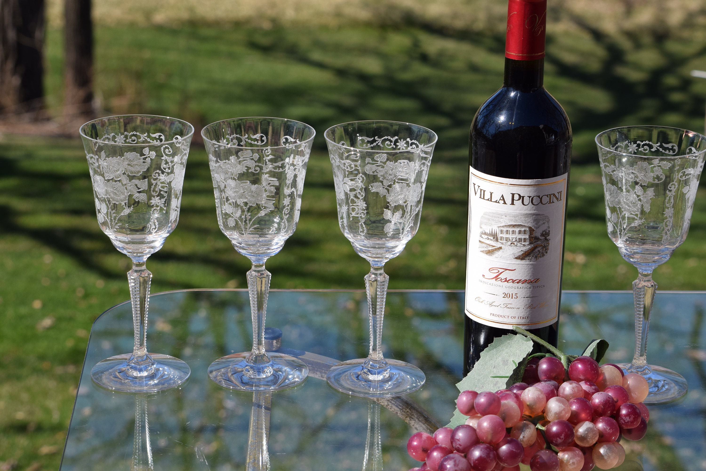 Hibiscus Wine Glass, Etched Crystal Hibiscus Wine Glass