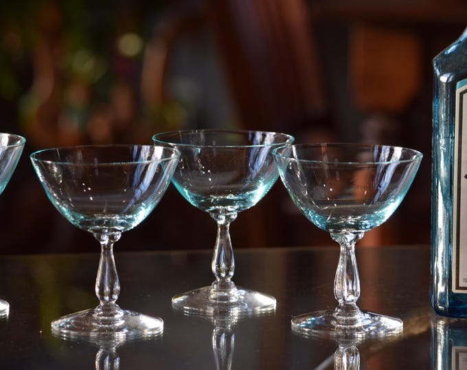 Lovely and Romantic! 6 Vintage CRYSTAL Turquoise Cocktail Glasses, Retro American Made Fostoria ~ Rhapsody Turquoise, 1950, Nick and Nora