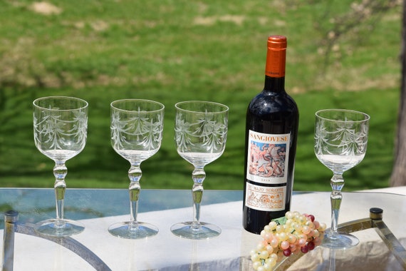 5 Vintage Etched CRYSTAL Wine Glasses, Tiffin Franciscan, 1950's, Vintage  Etched Water Goblets ~ Wedding Toasting Glasses, Tall Wine Glasses