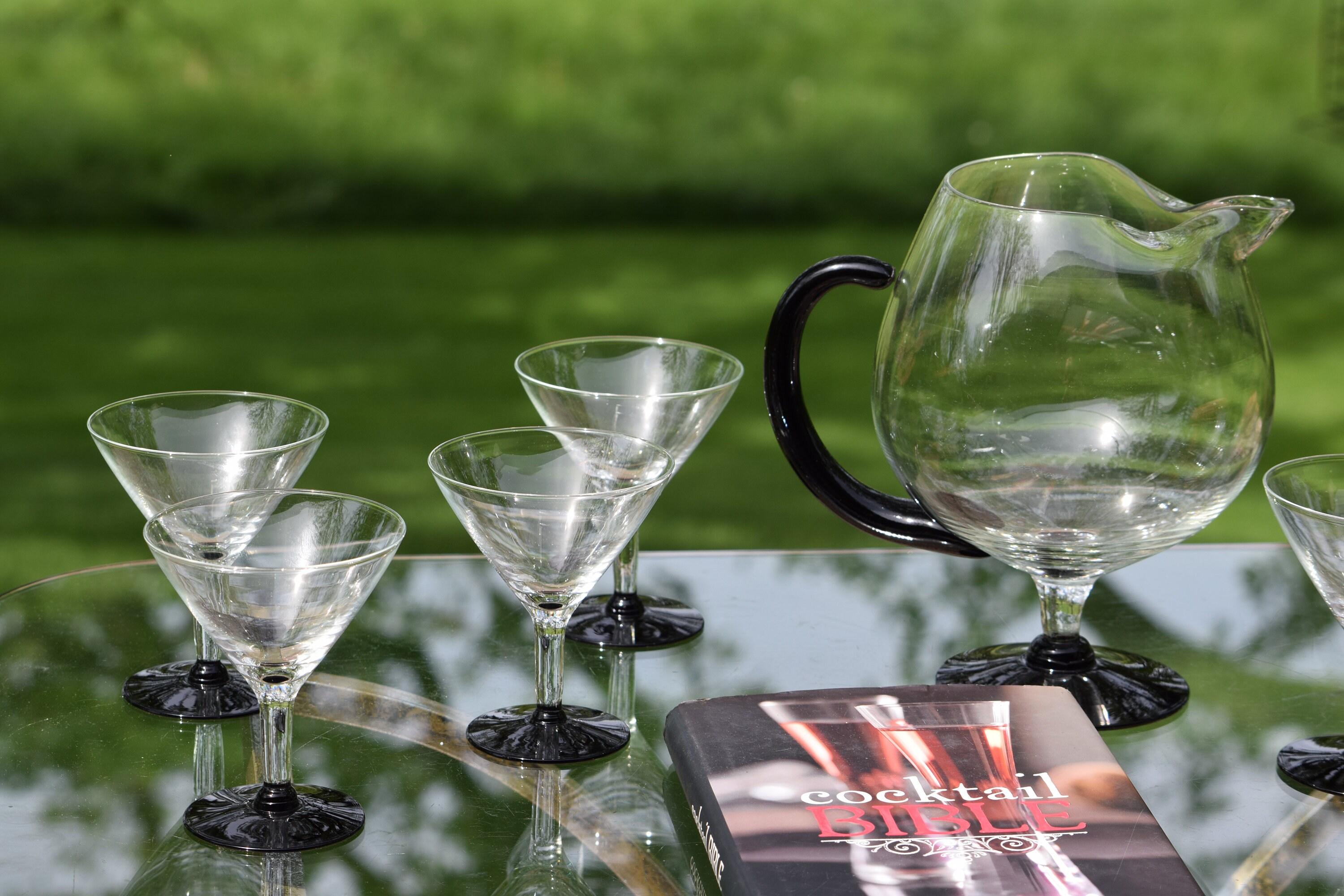 6-piece Set Vintage Mid Century Martini Pitcher, Stirrer and Stemless  Martini Glasses MCM Glass Pitcher Set Set of Small Martini Glasses 