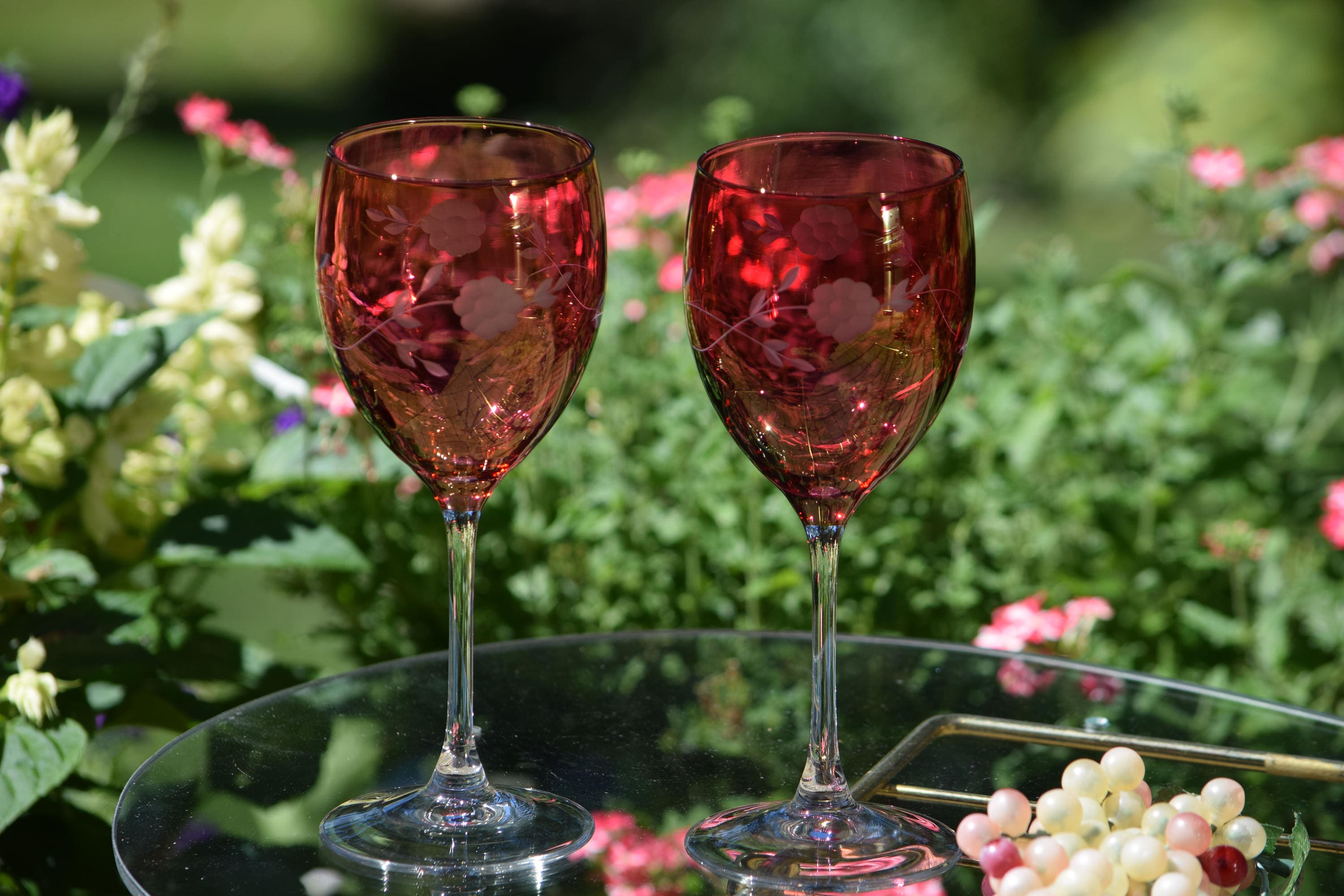 Vintage Red Wine Glasses, Set of 4, Vintage Red Etched Wine