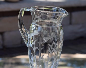 Vintage Etched Glass Cocktail Pitcher,  1950's,  Water Pitcher, Dinner Party Water pitcher, Sangria Cocktails