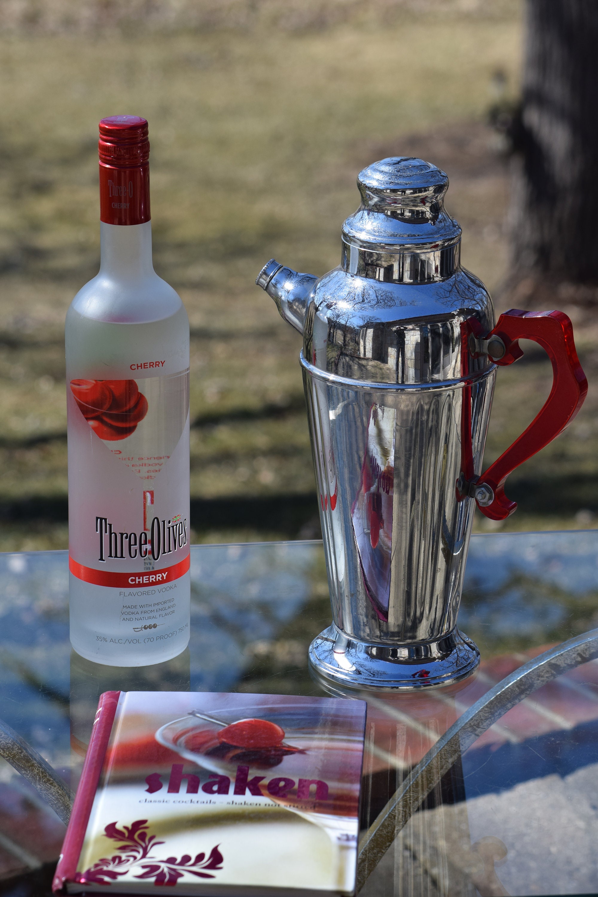 Vintage Silver with Red Lucite Martini Cocktail Shaker, Mad Men Barware