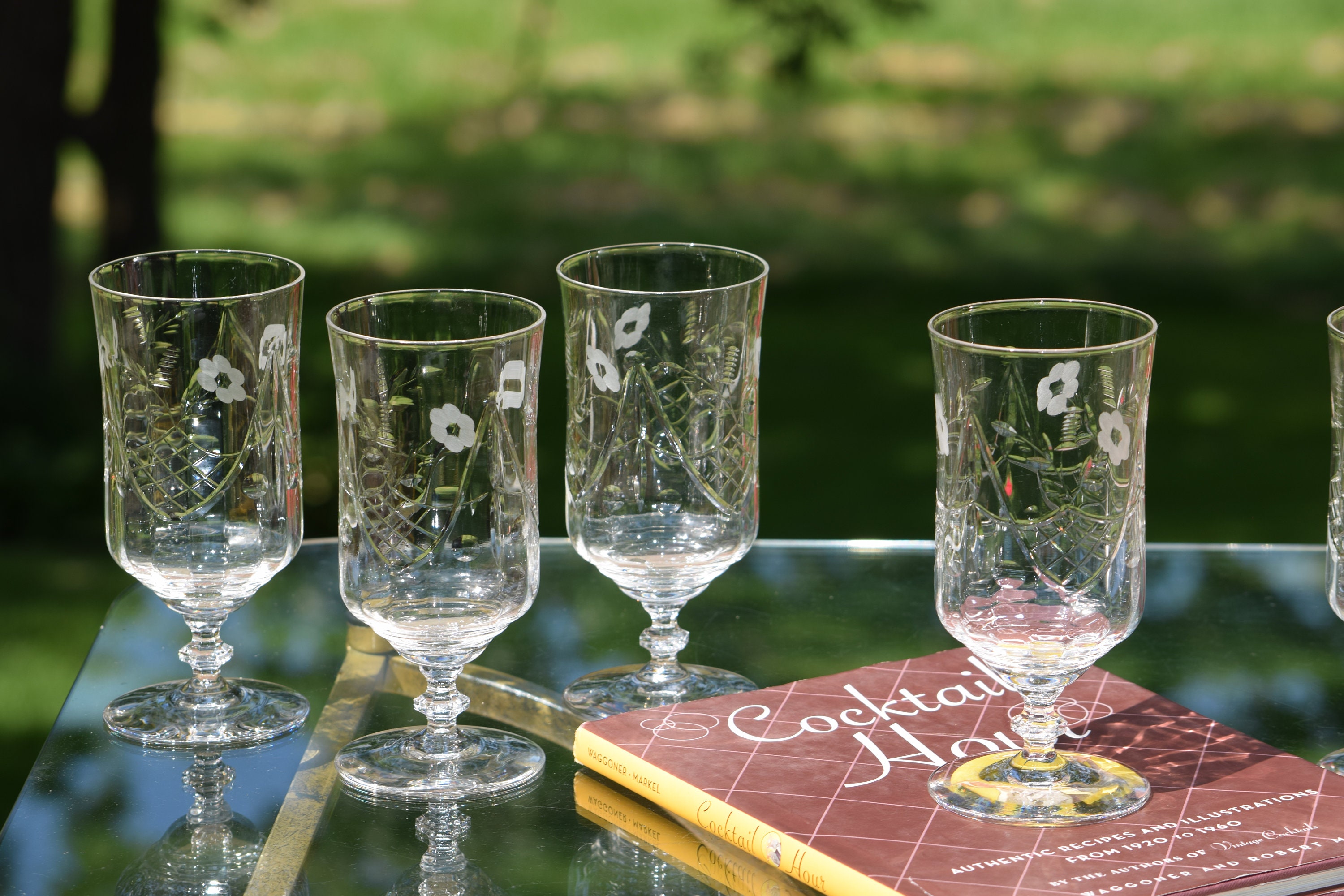 6 Vintage Etched Cocktail Glasses ~ Wine Glasses, 10 oz Cocktail Mimosa  Glasses, Tall Cocktail glasses, Summer Cocktail Glasses