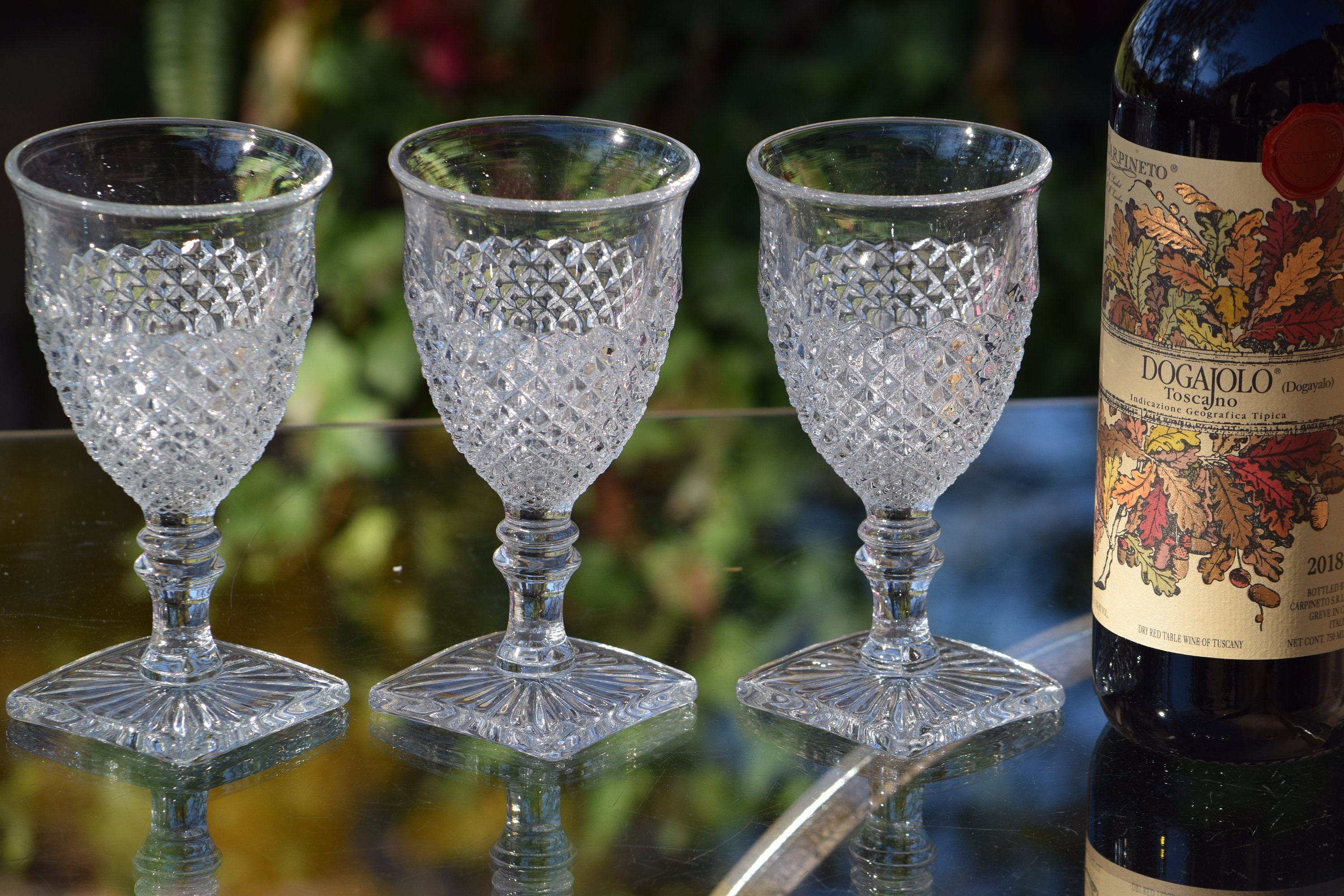 4 Antique Wine Glasses, Vintage Pressed Glass Square Stem Wine Glasses,  Westmoreland, English Hobnail, c. 1928-1978, Vintage Wedding Glass