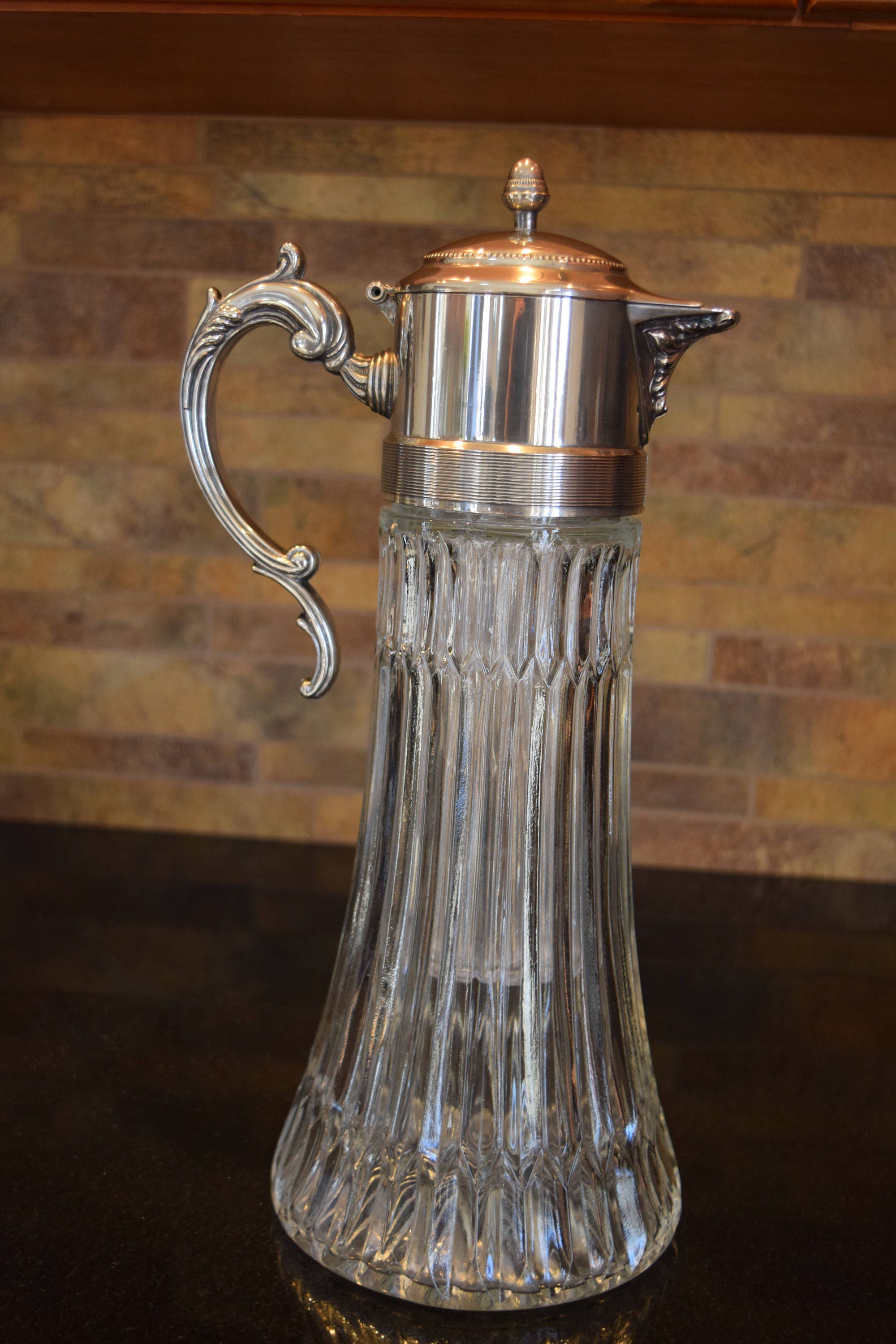Vintage Wine Decanter Pitcher with Silver Top, circa 1940's, Home Bar Decor, Bar Cart Decanter