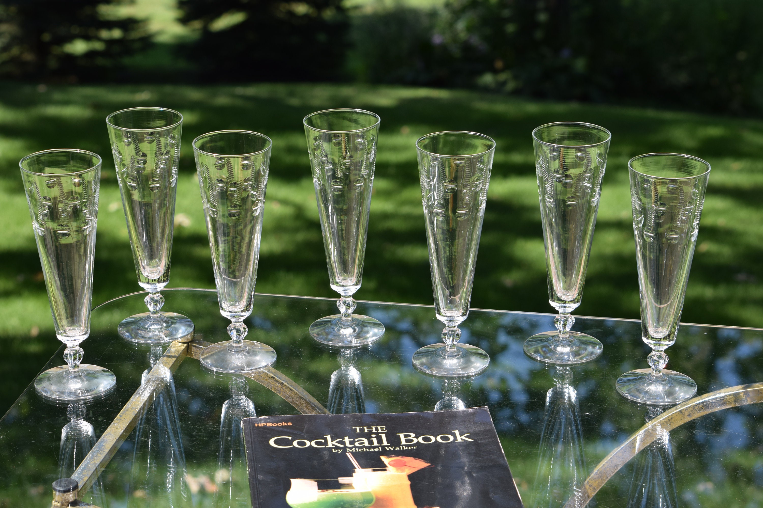 6 Vintage Etched Footed Collins Cocktail Glasses, Set of 6, Vintage