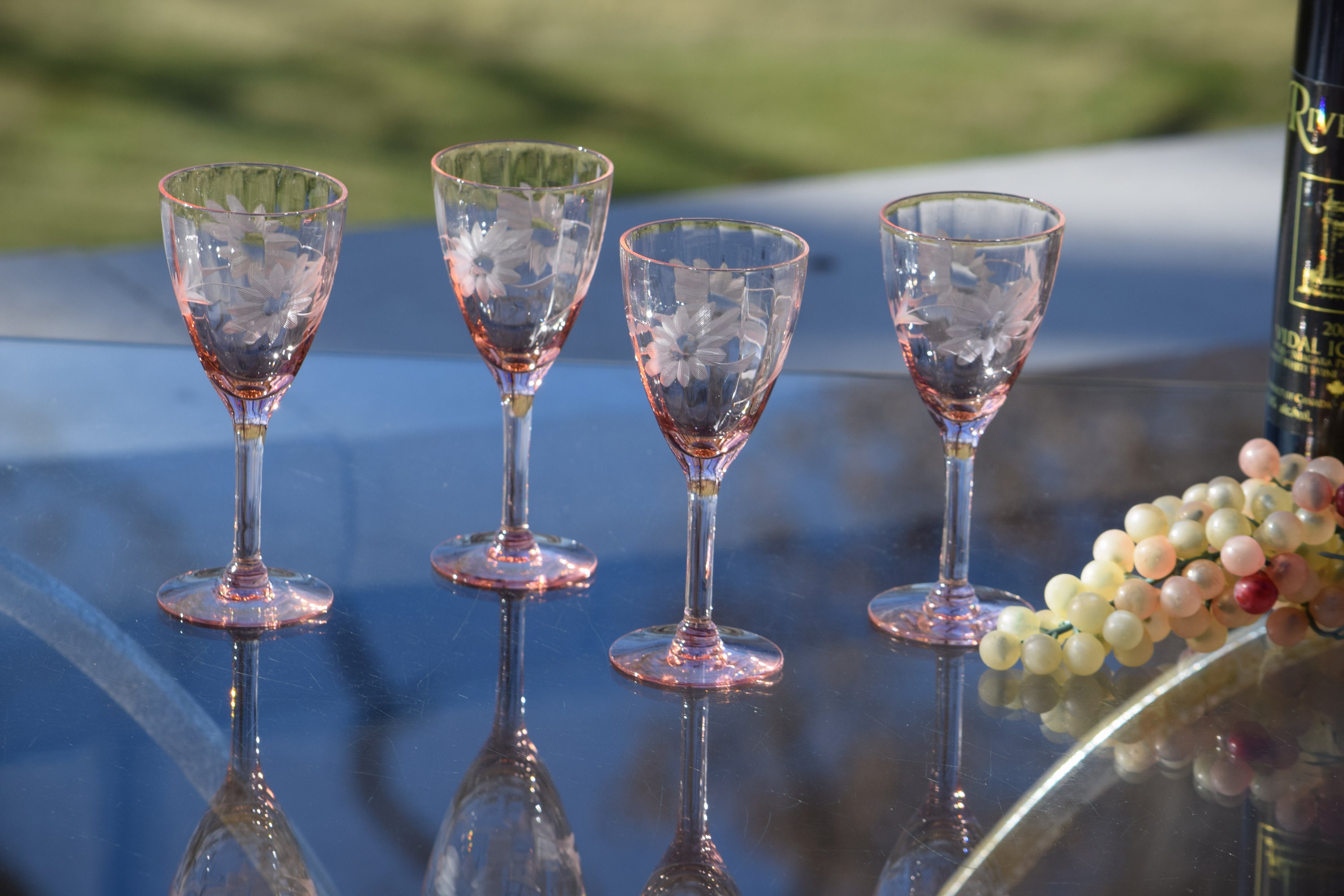 4 Vintage Pink Etched Wine Cordials Glasses, After Dinner Drink Wine