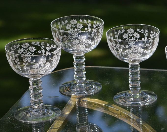 6 Vintage Etched CRYSTAL Cocktail Glasses ~ Coupes, Fostoria, Manor, circa 1931, Unique Stacked Stem ~ Vintage Etched Champagne Coupes