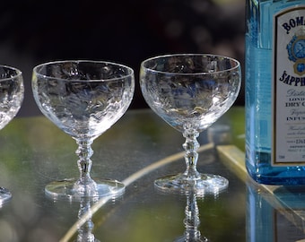 4 Vintage Etched Cocktail Glasses, Rock Sharpe, 1941, Crystal Champagne Coupes