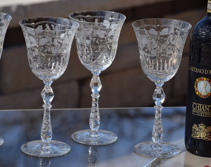 2 Vintage Etched CRYSTAL Wine Glasses, Rock Sharpe ~ 1939, Tall Vintage Crystal Water Goblets, Exquisite Wedding Toasting Wine Glasses