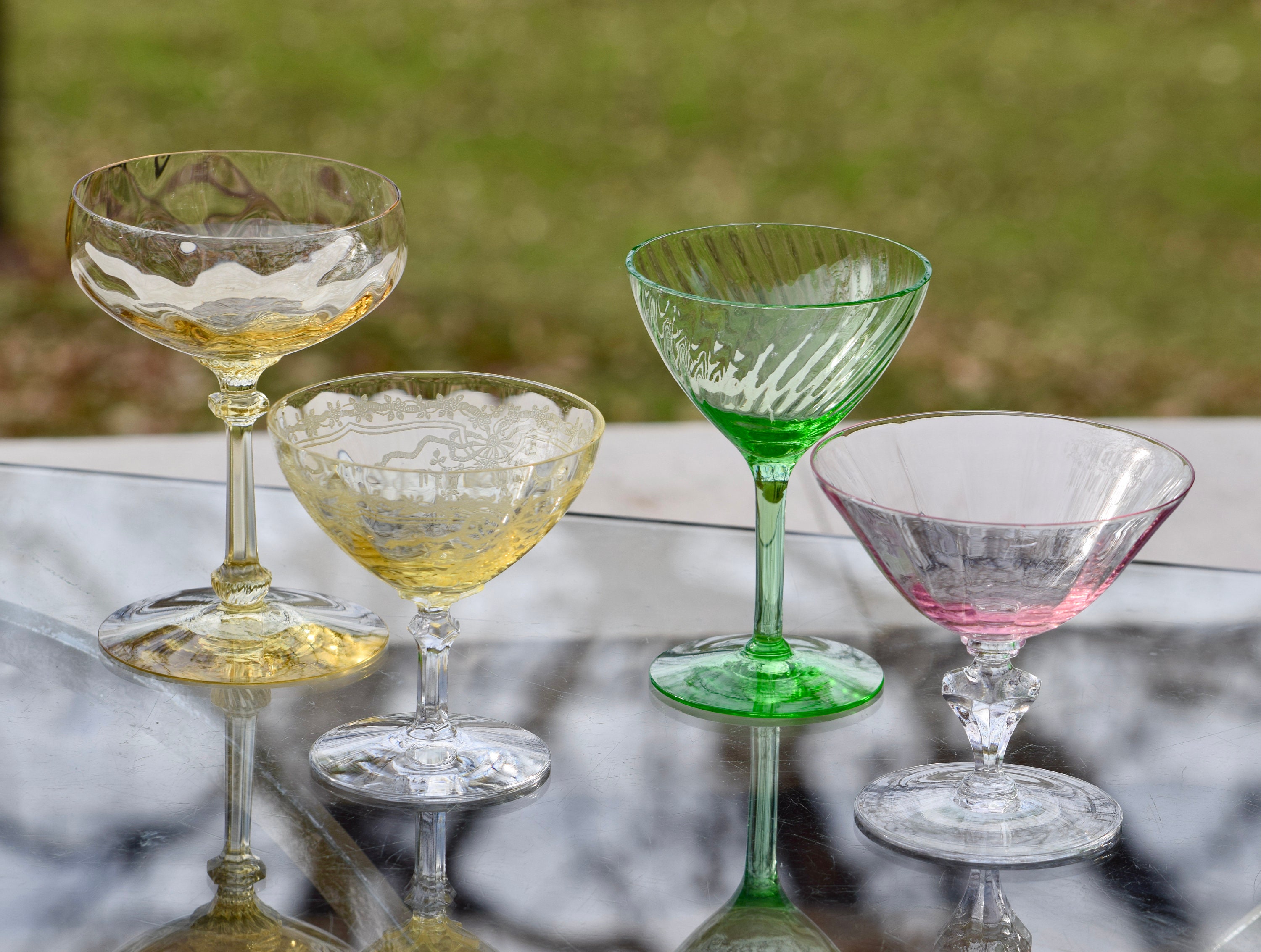 4 Vintage Multi- Colored ~~ Mis-Matched Cocktail glasses, Set of 4, Nick  and Nora Coupes, Champagne Glasses, Craft Cocktail Glasses