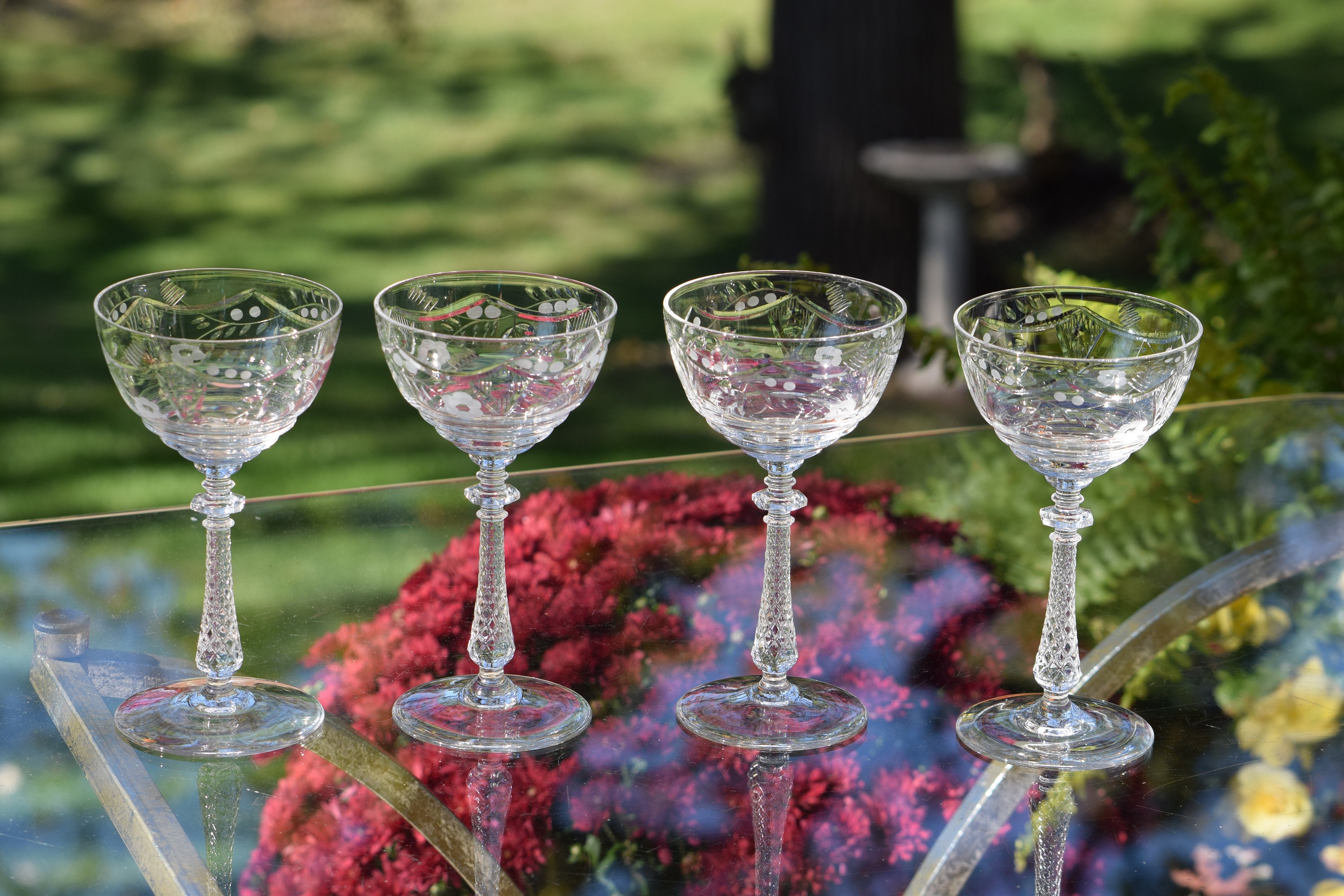 Vintage Etched Crystal Tall Cocktail Glasses Set of 5, Rock Sharpe, c