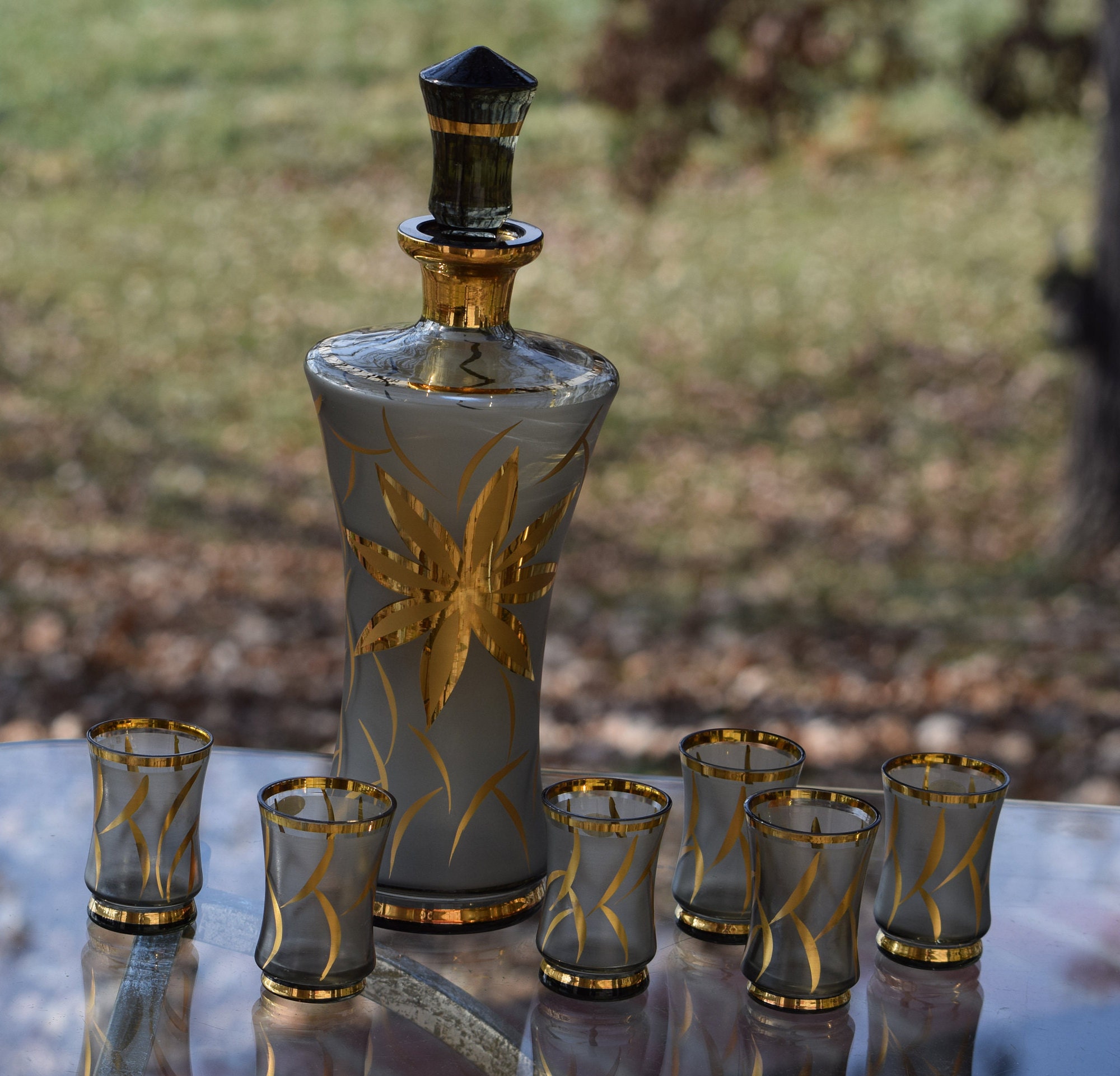 Vintage Gold Floral Wine Decanter with matching shot glasses and Wine