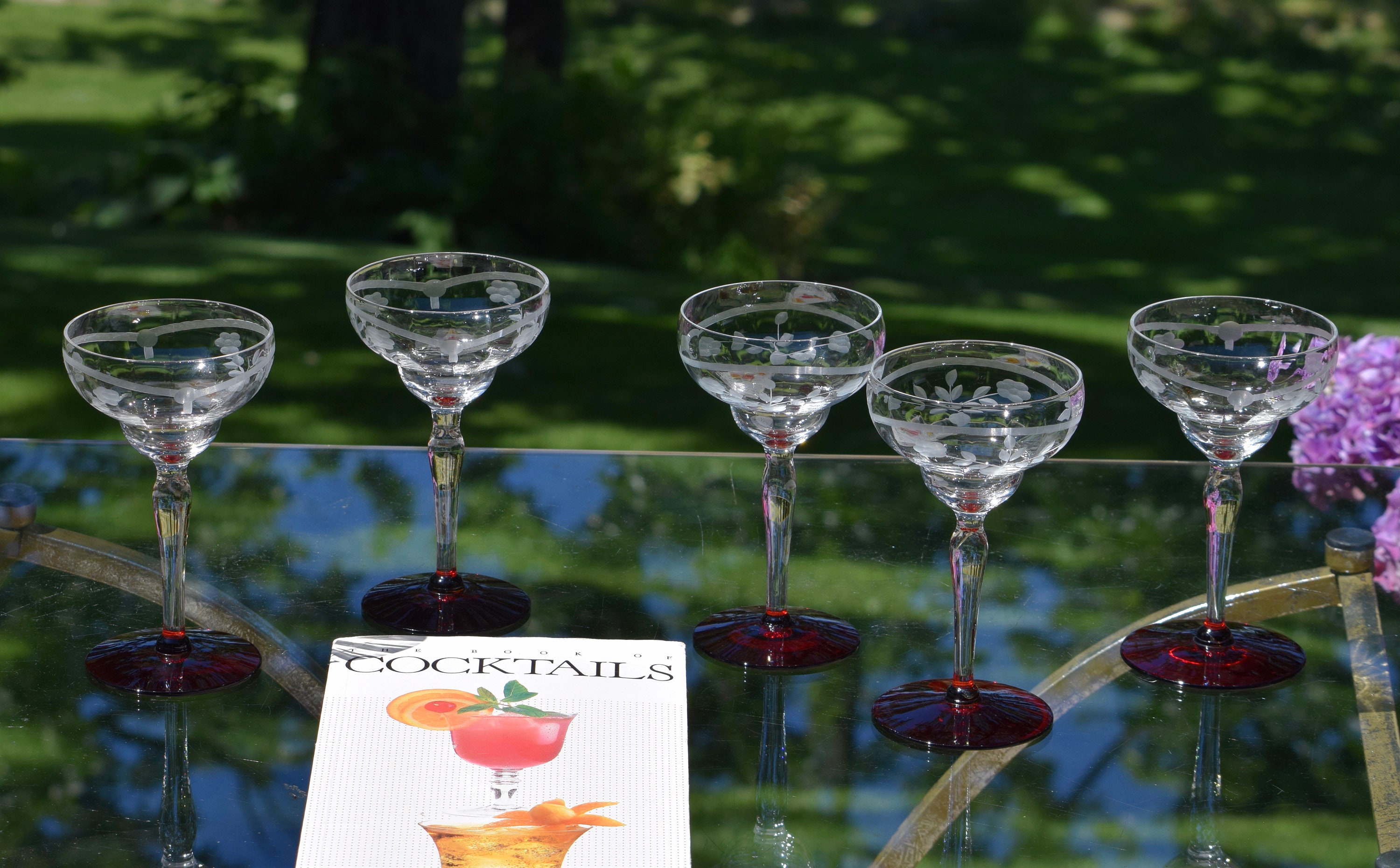 5 Vintage Etched Red Cocktail Glasses, 1950's, Vintage 4 oz Small