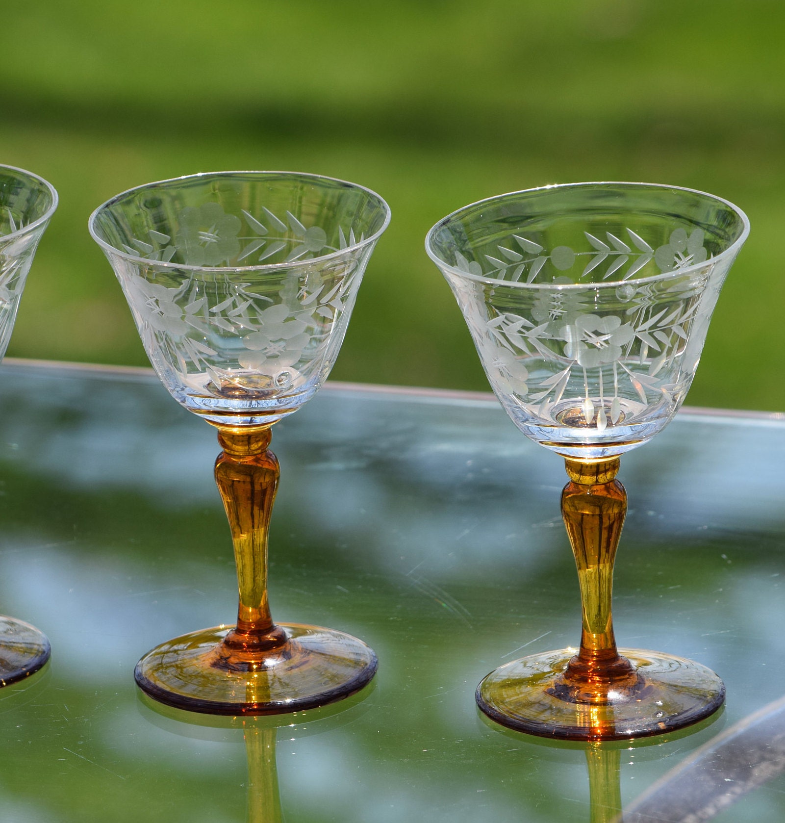 2 Vintage Clear Crystal Floral Etched Cordial Wine Glasses