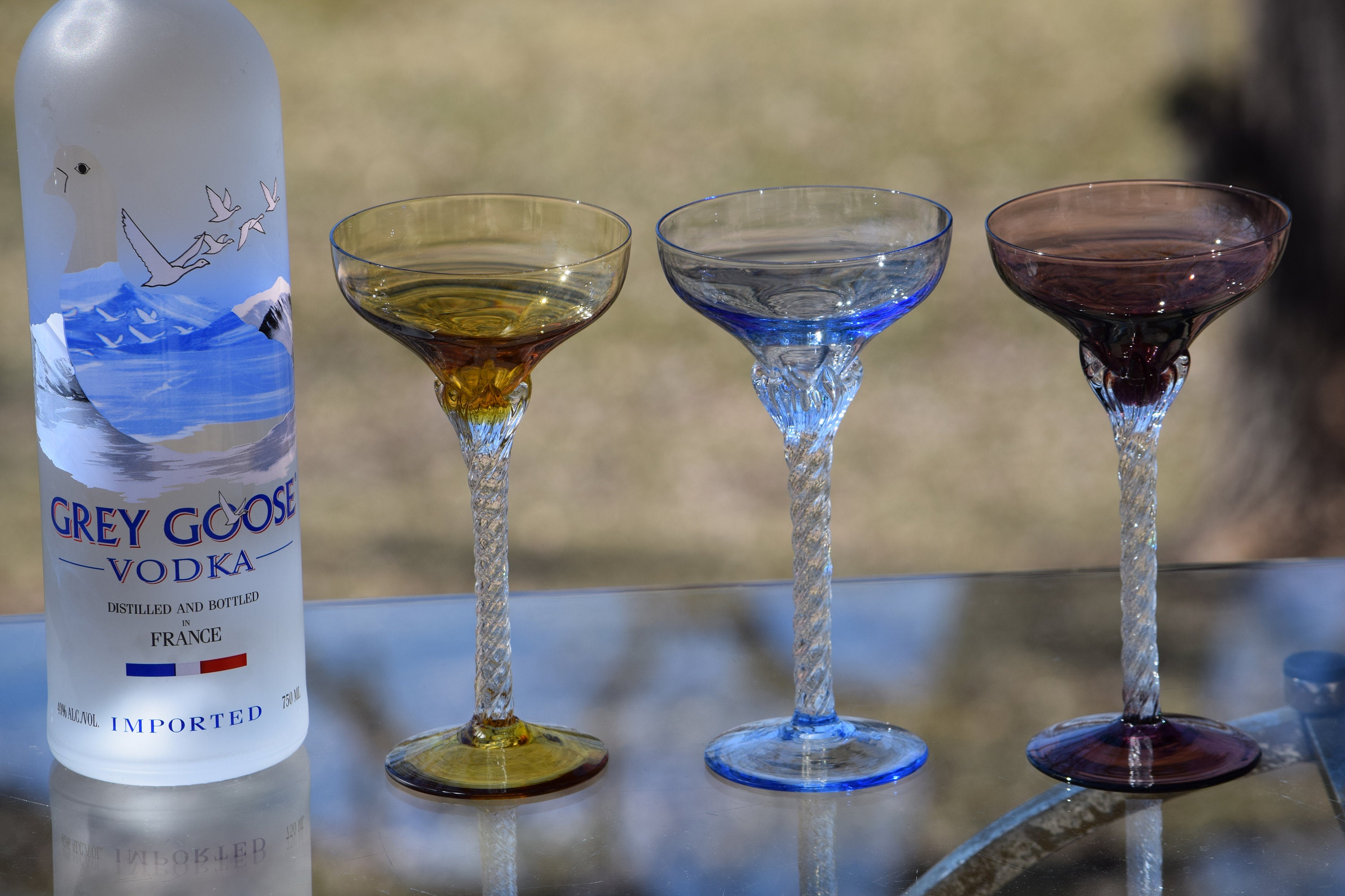 Vintage Multi Colored Clear Twisted Stem Cocktail Glasses, Set of 6