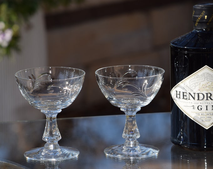 COCKTAIL TIME!  4 Vintage Etched Crystal Cocktail Glasses, Martini Glasses, Seneca, 1950's, Nick & Nora, Champagne Coupes, Mid Century