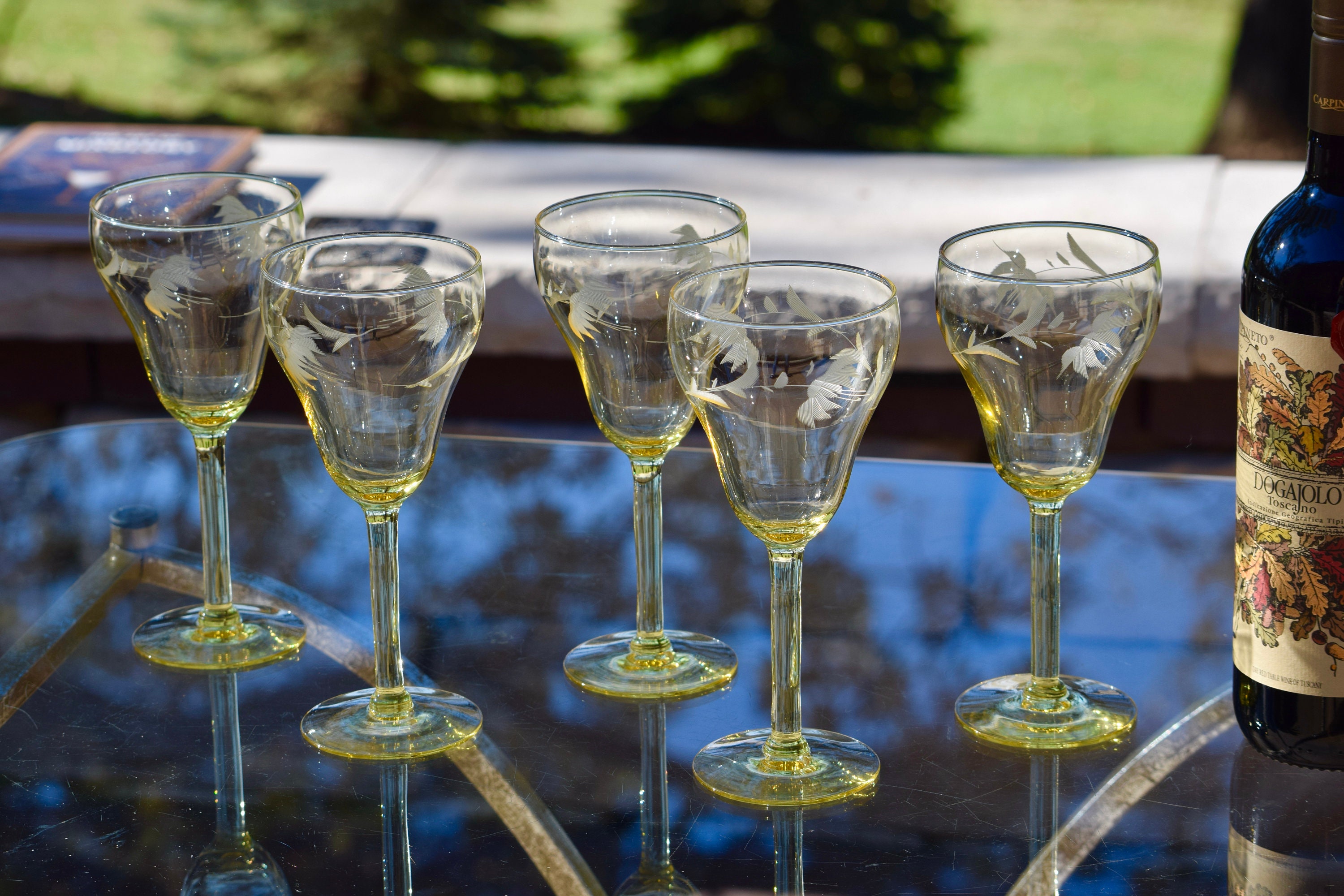 5 Vintage Etched Yellow Wine Glasses, 1950's, Elegant Tall Yellow