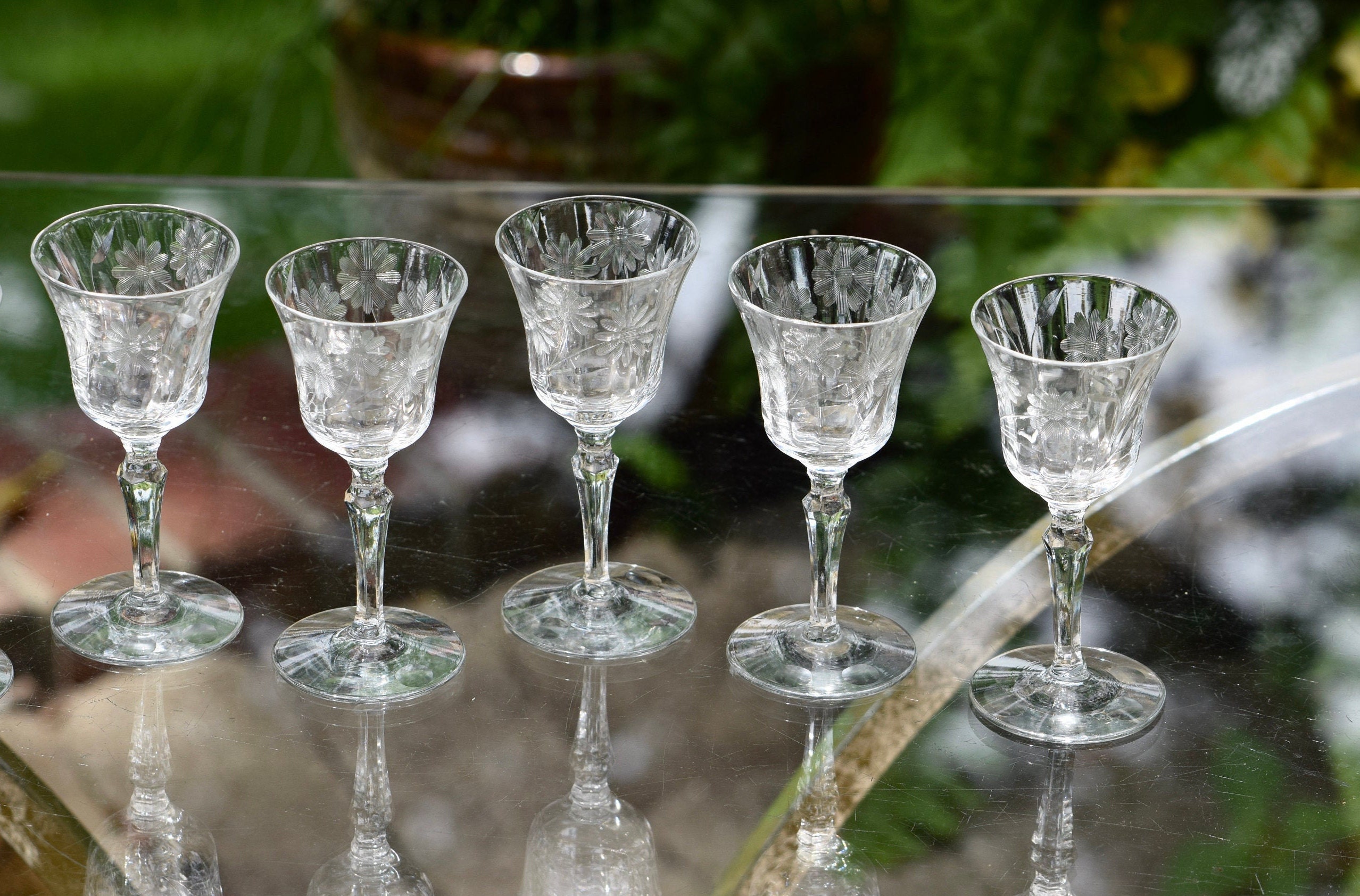 Vintage Etched Wine Liquor Cordials, Set of 5, Vintage After Dinner