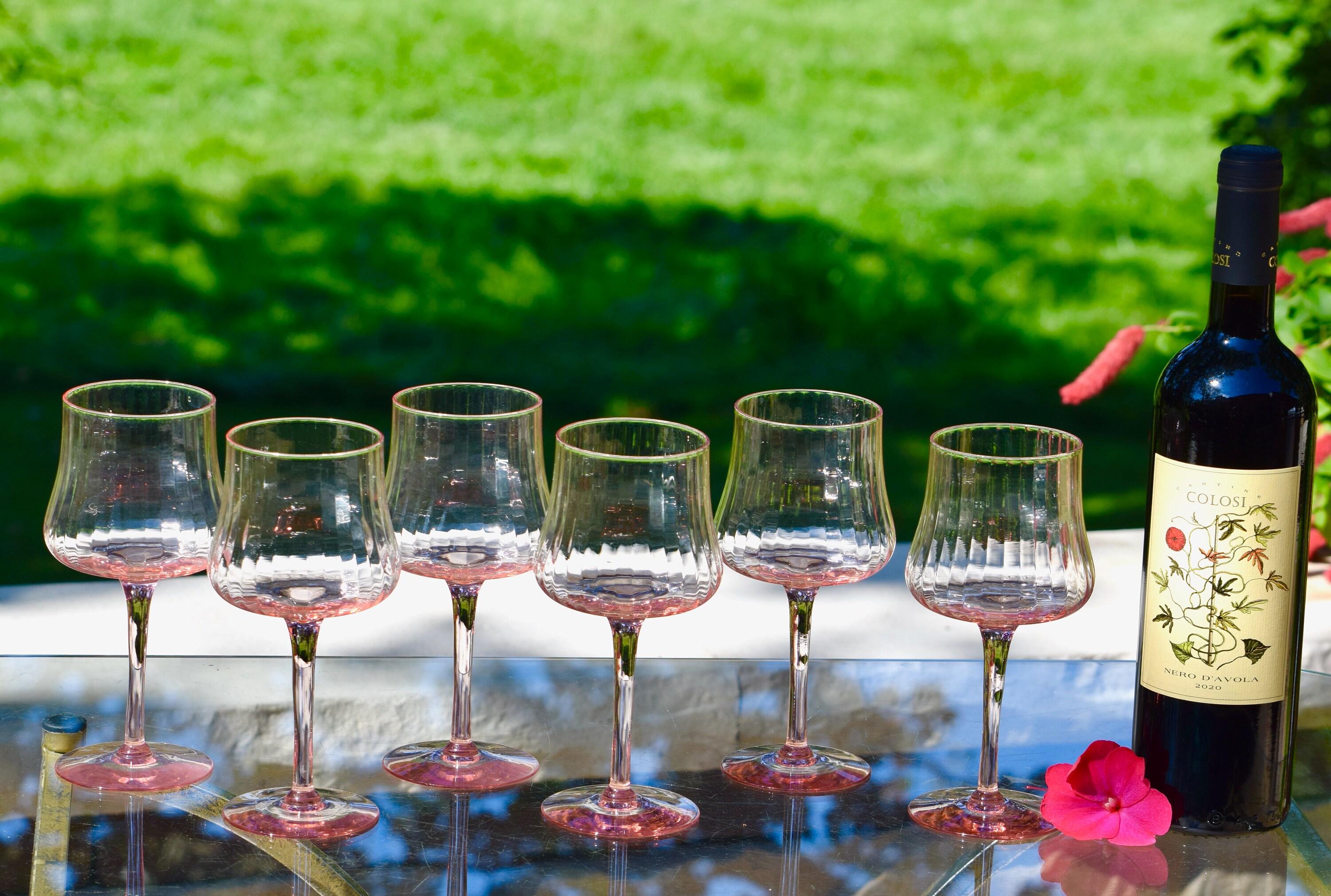 6 Antique Pink Wine Glasses, Cambridge, circa 1940's, Vintage Pink
