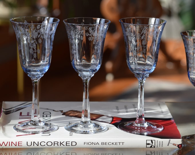 5 Vintage Etched Crystal Blue Wine Glasses, Lenox, Sky Blossoms Blue 5 oz, 1980's,  Port Wine Glasses, After Dinner 5 oz Port - Dessert Wine