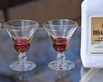5 Vintage Red & Gold Wine ~ Liqueur Glasses, Tiffin Franciscan, Dubonnet, circa 1950, After Dinner Drink Glasses, 4 oz Cocktail Glasses