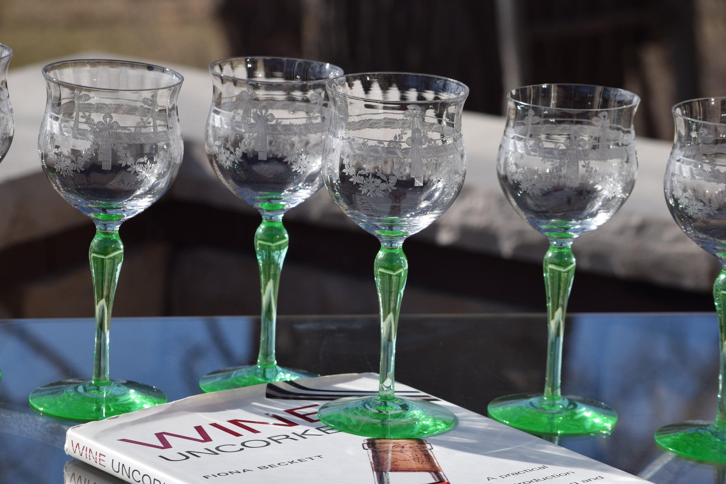 6 Vintage Acid Etched Green Stem Wine Glasses, circa 1940's, Vintage