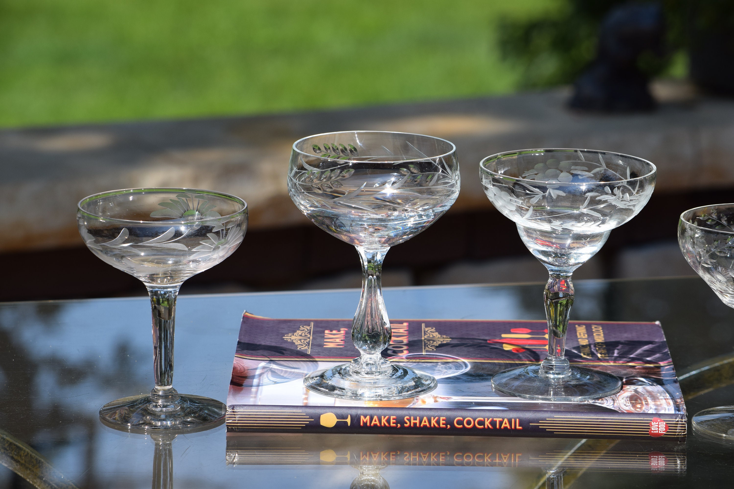 4 Vintage Etched Cocktail ~ Martini Glasses, Set of 4 Mis-Matched