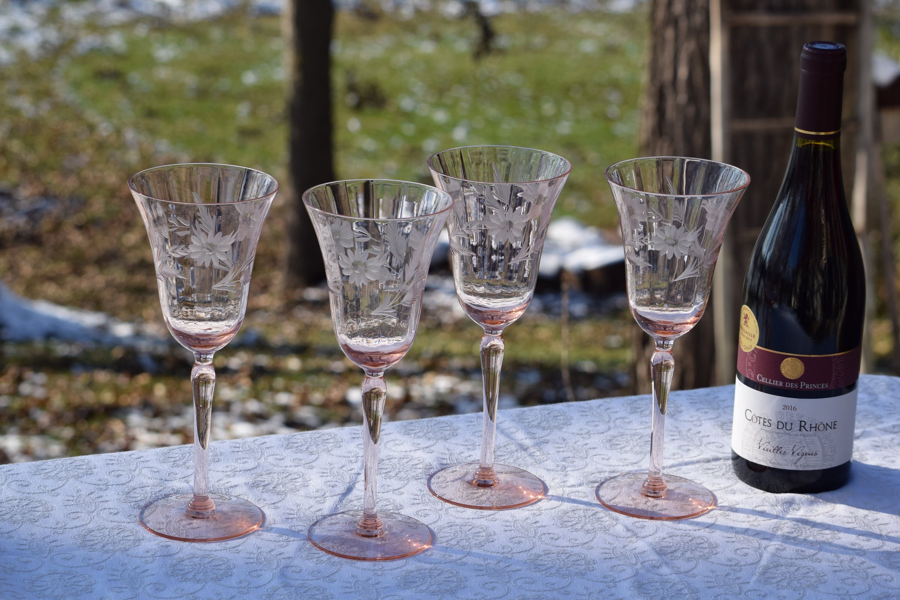 Vintage Etched PINK Optic Glass Wine Glasses, Set of 4, Vintage