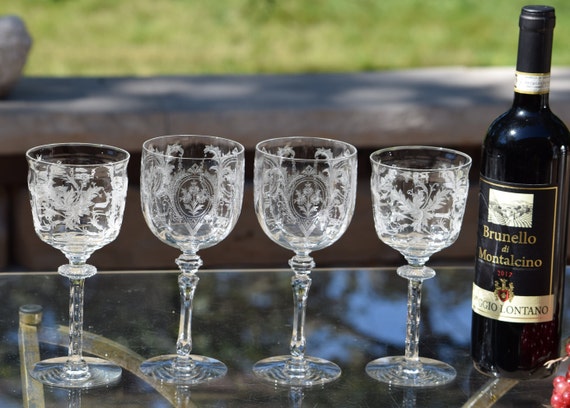 Vintage Etched Red Wine Glasses - Set of 4