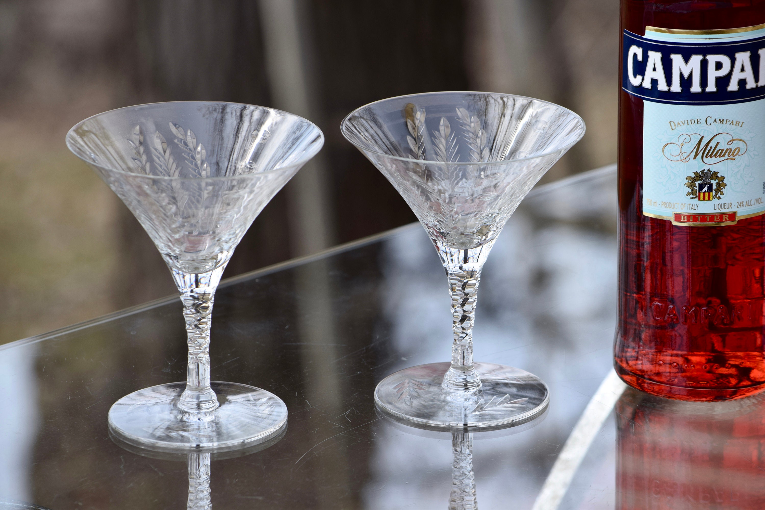 Vintage Etched CRYSTAL Martini Glasses, Set of 5, Antique Crystal