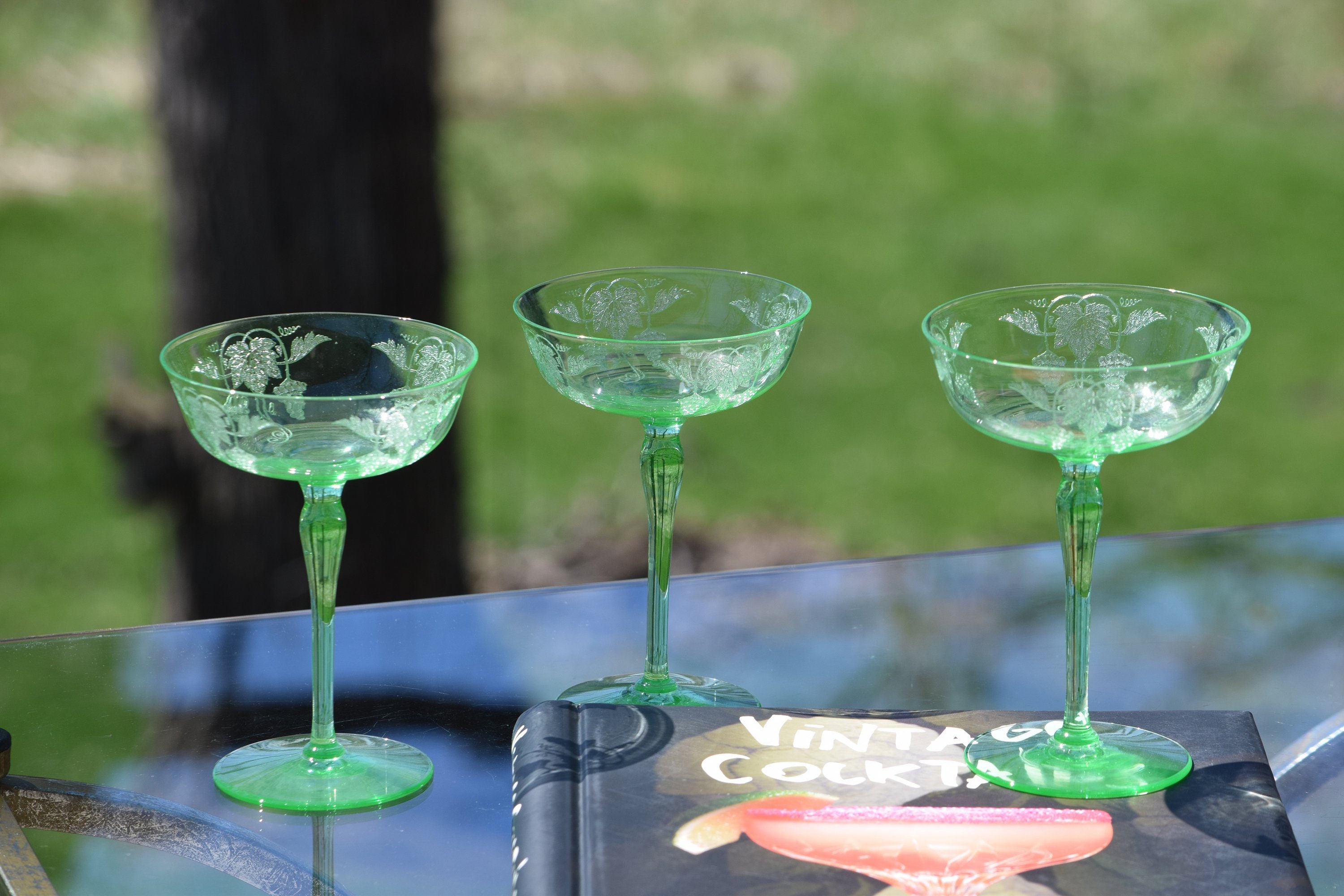 Vintage Needle Etched Green VASELINE Glass Cocktail Martini