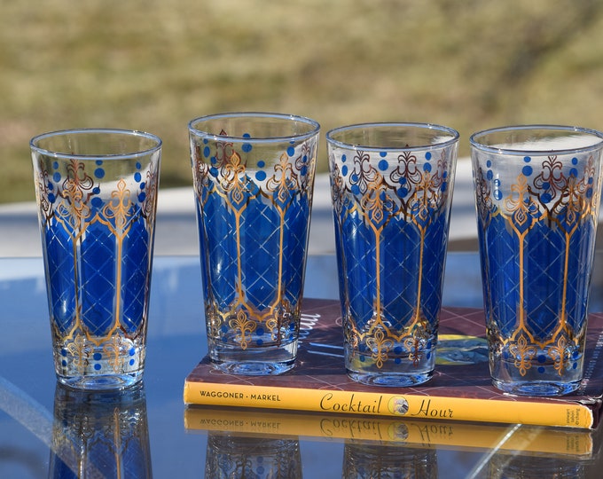 4 Vintage Blue and Gold Highball Cocktail Glasses, Anchor Hocking, 1950's,  Vintage Cocktail Glasses, Mad Men Barware, Atomic Barware, Retro