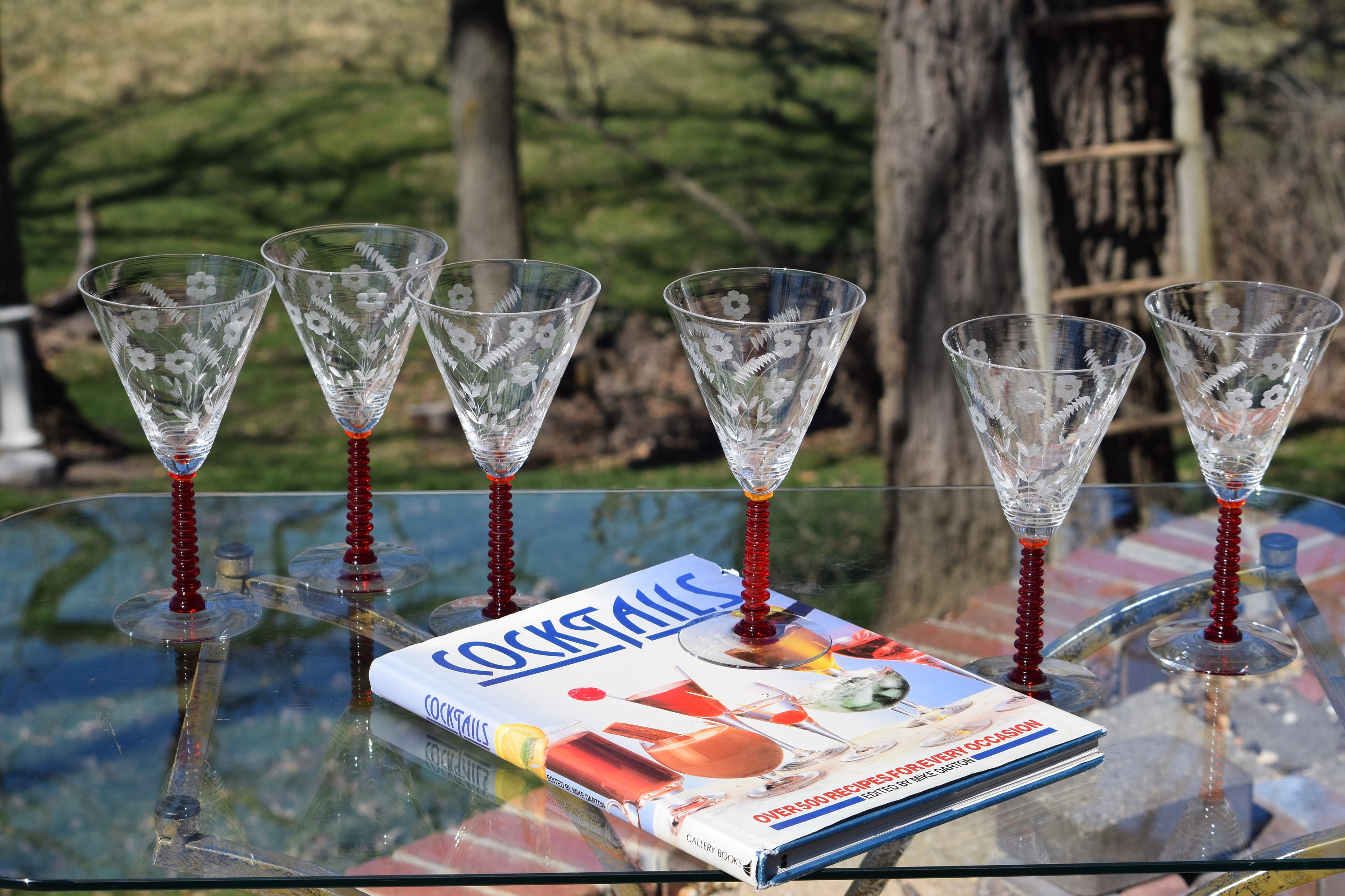 6 Vintage Etched Wine ~ Cocktail Glasses with Red stem, Vintage