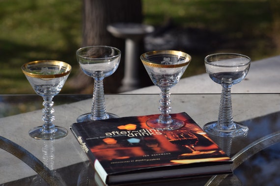 4 Vintage Etched CRYSTAL Cocktail Martini Glasses, Set of 4 Mis