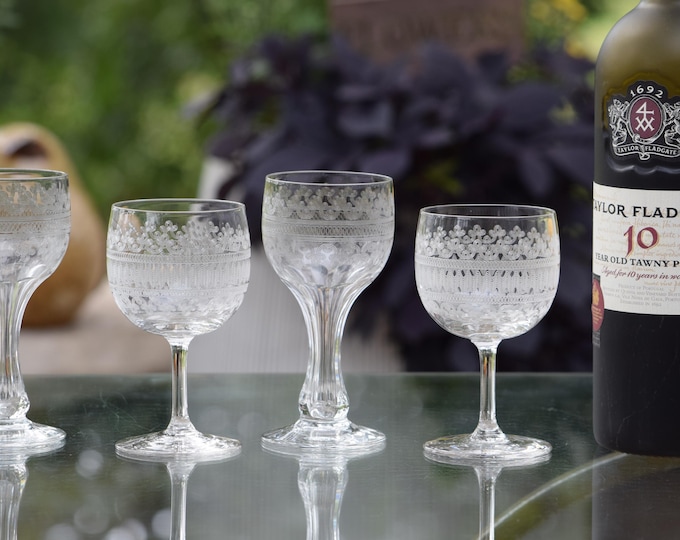 6 Vintage Needle Etched CRYSTAL Port Wine Cordials, Fostoria, 1920's, 4 oz After Dinner Drink Glasses, Mis Matched 3 + 3,  Set of 6 Glasses