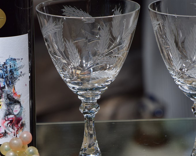 Vintage Cambridge Etched Crystal Wine Glasses - Wheat Design, 1940s, Set of 4, Vintage Glassware