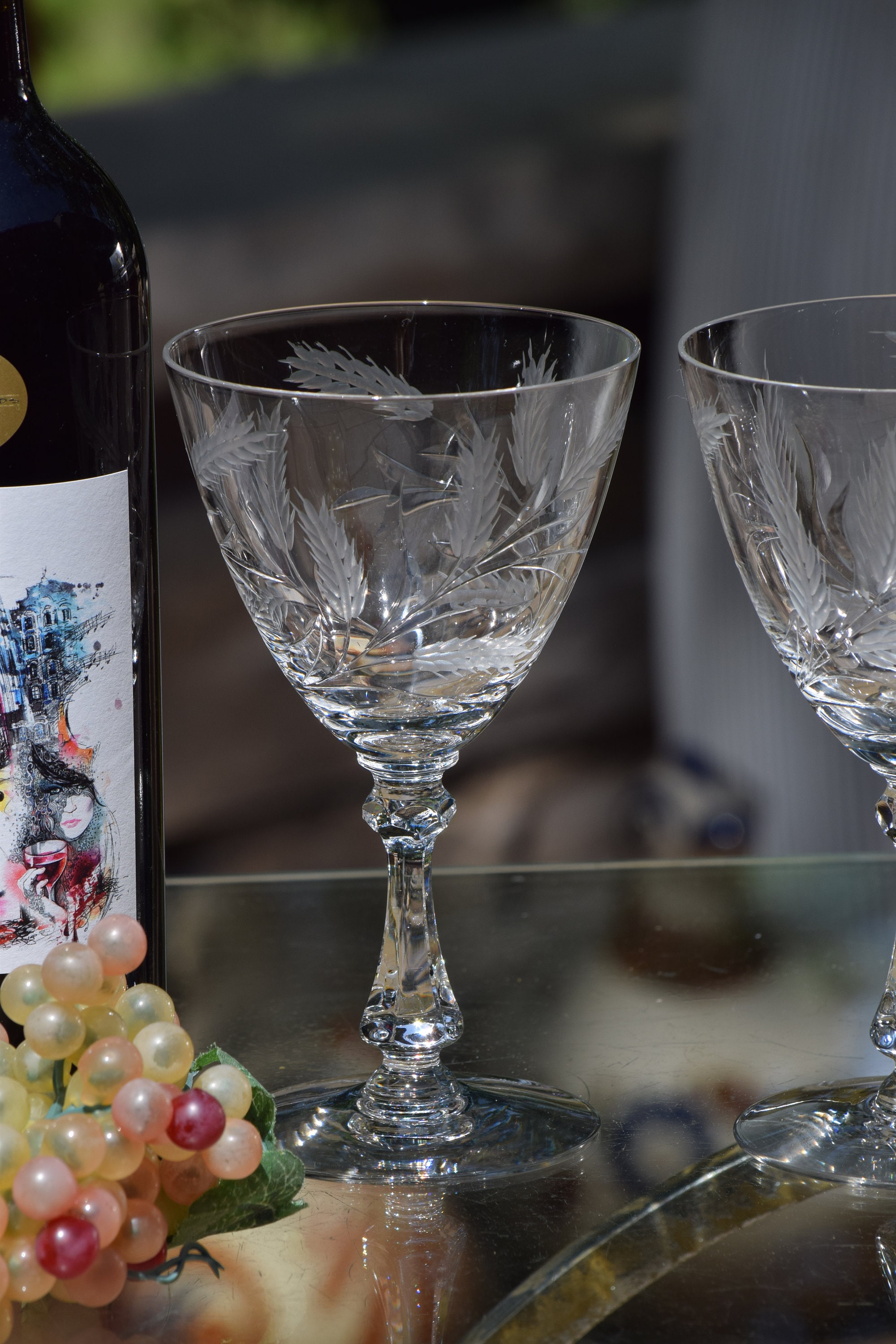 4 Vintage Etched Crystal Wine Glasses, Cambridge, 1940's, Crystal Water  Goblets