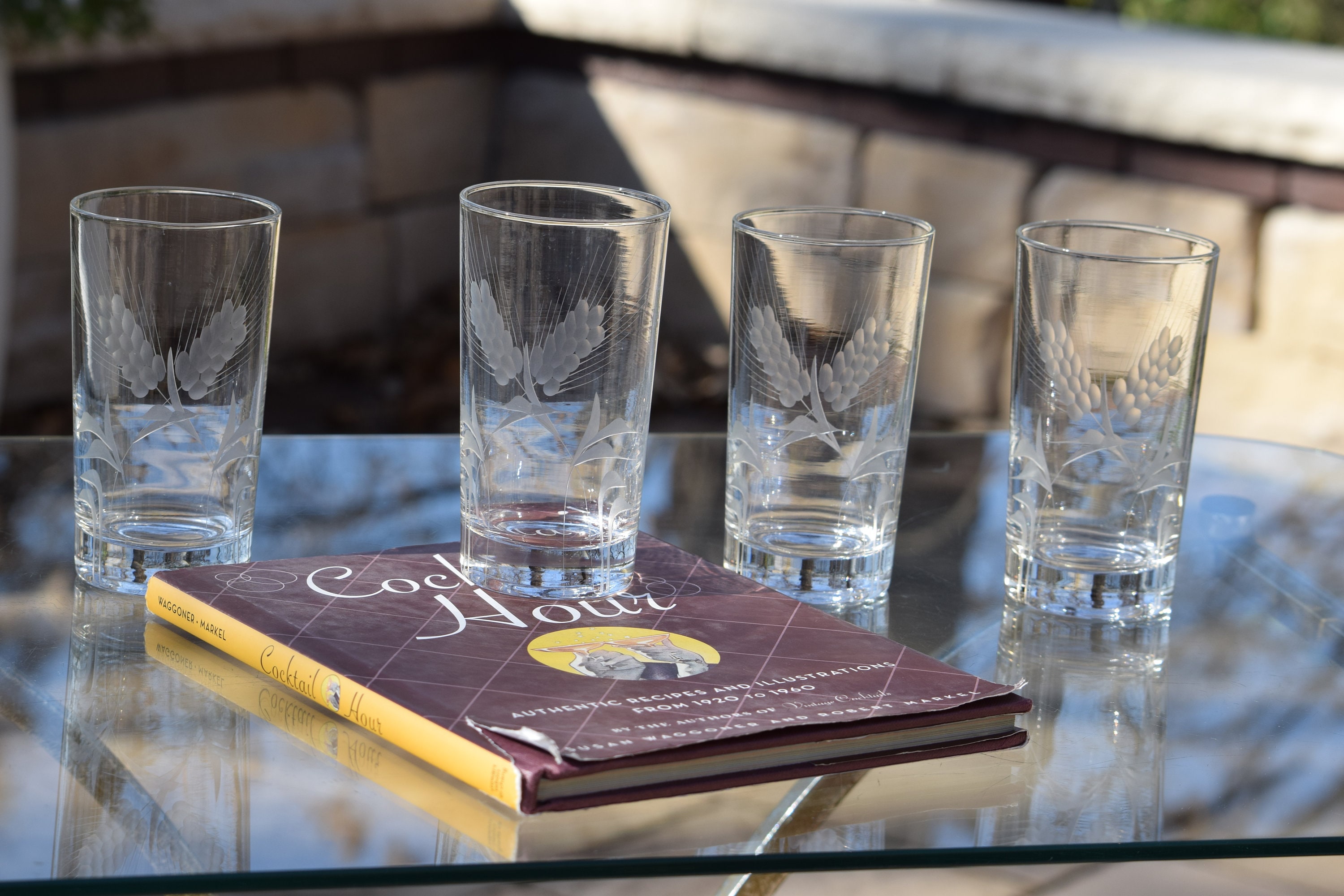 4 Vintage Etched Highball Glasses, 1950's, 12 oz Cocktail Whiskey