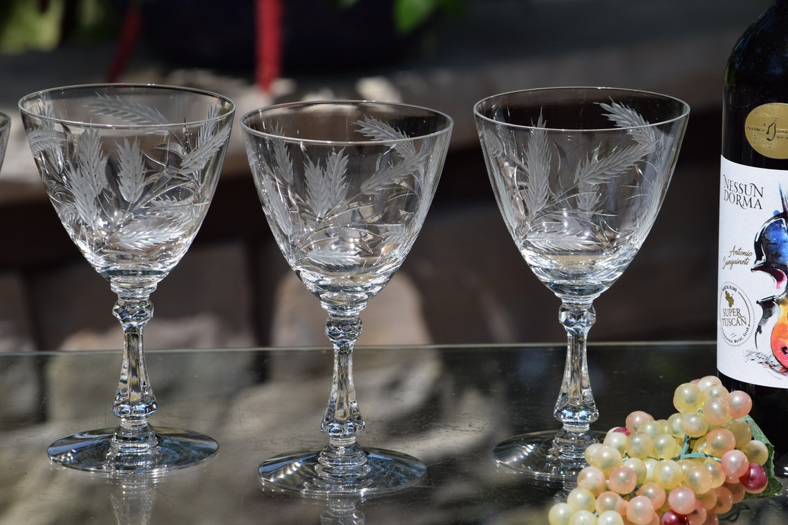 4 Vintage Etched Crystal Wine Glasses Cambridge 1940's Etsy