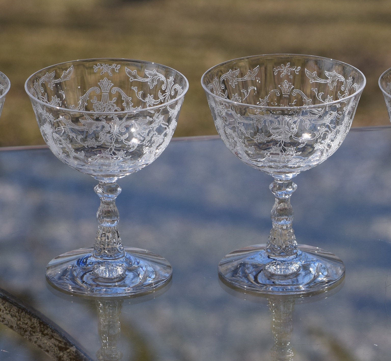 Vintage Etched CRYSTAL Champagne Coupes Cocktail glasses, Set of 4