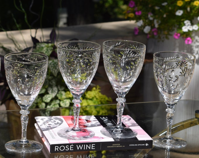 SIP IN STYLE! 4 Vintage Etched Tall Wine Glasses ~ Water Goblets, 1950's Etched Wine Glass, Antique Etched Wine Glasses, Wedding Glasses