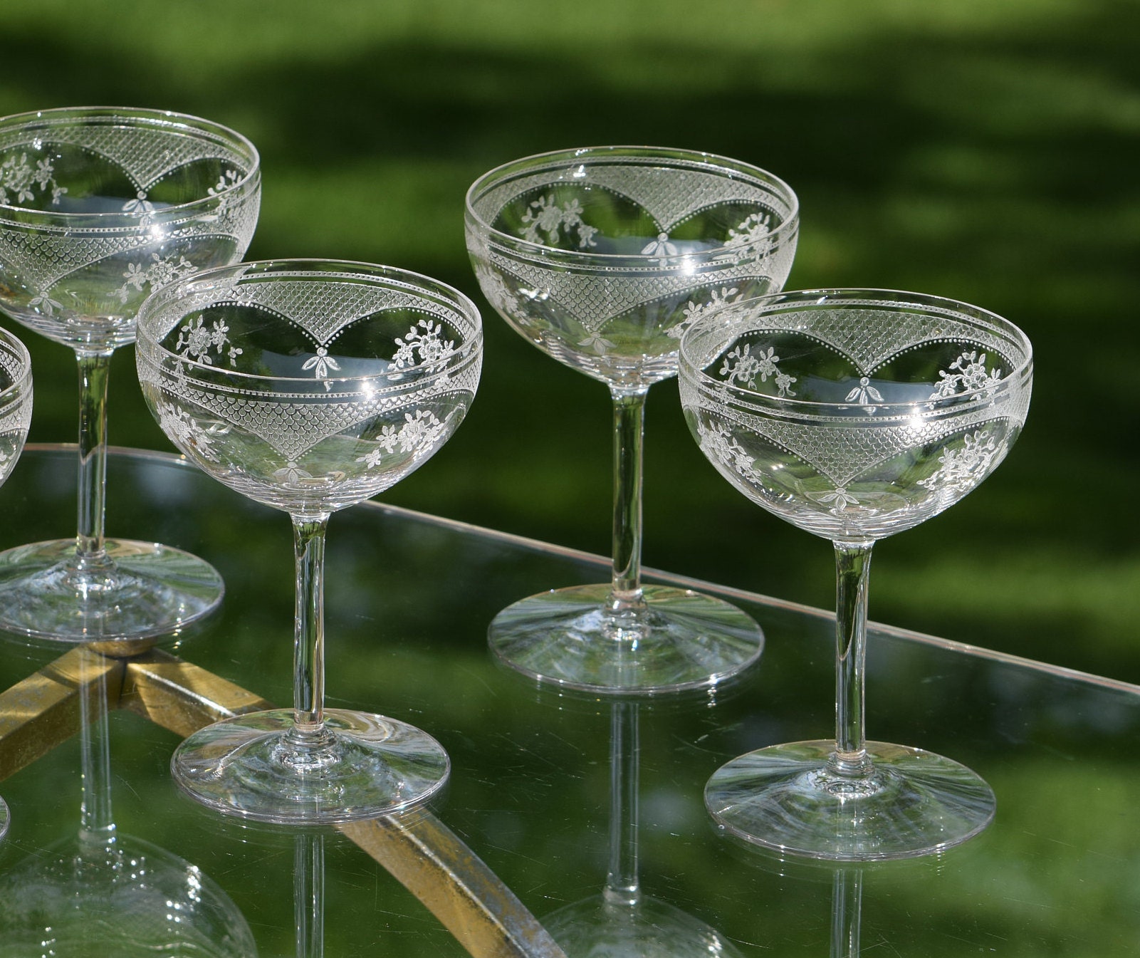 Vintage Needle Etched CRYSTAL Champagne Coupes Cocktail Glasses, Set