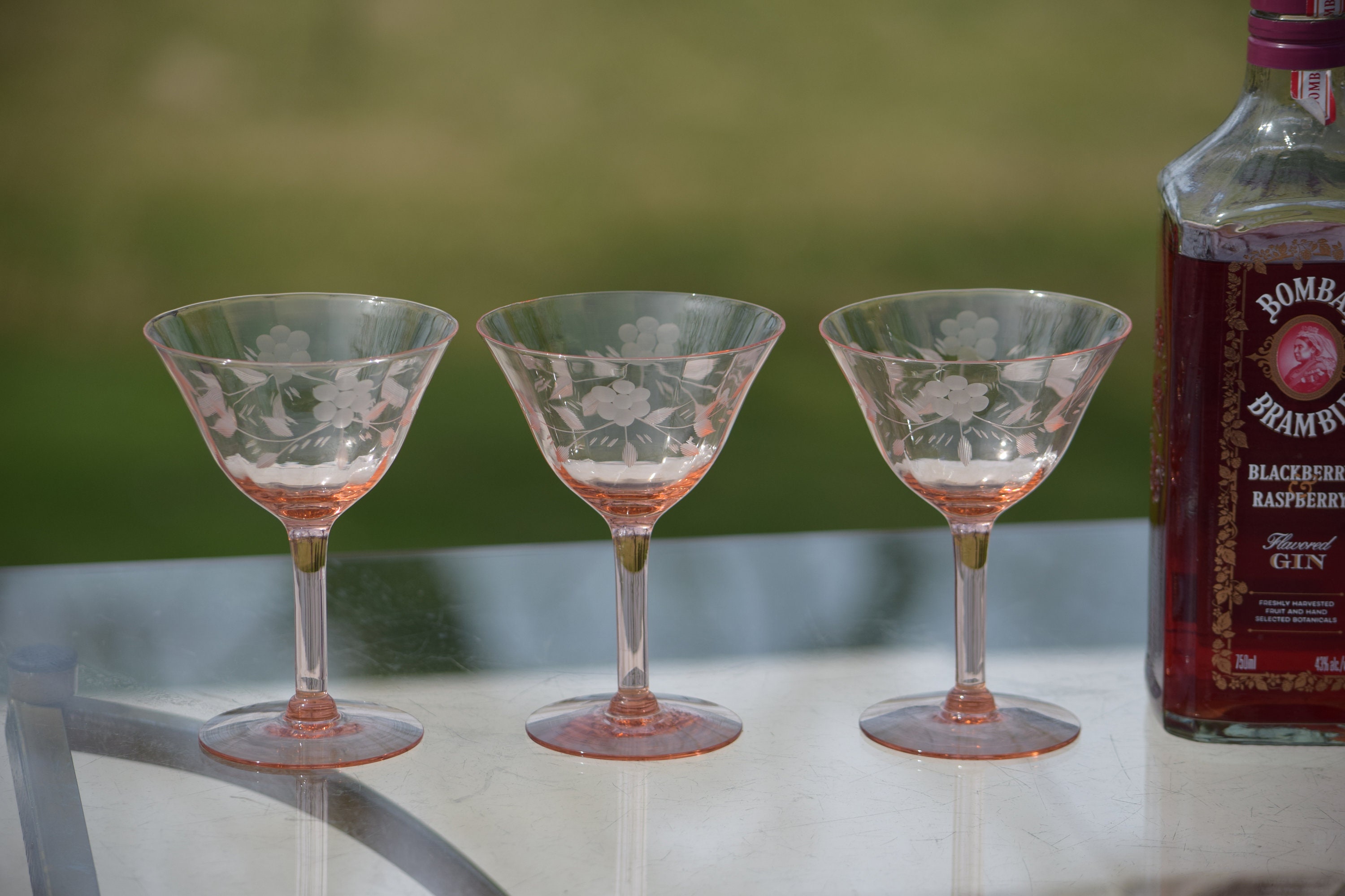 4 Vintage Pink Etched Cocktail Martini Glasses, Mixologist Cocktail