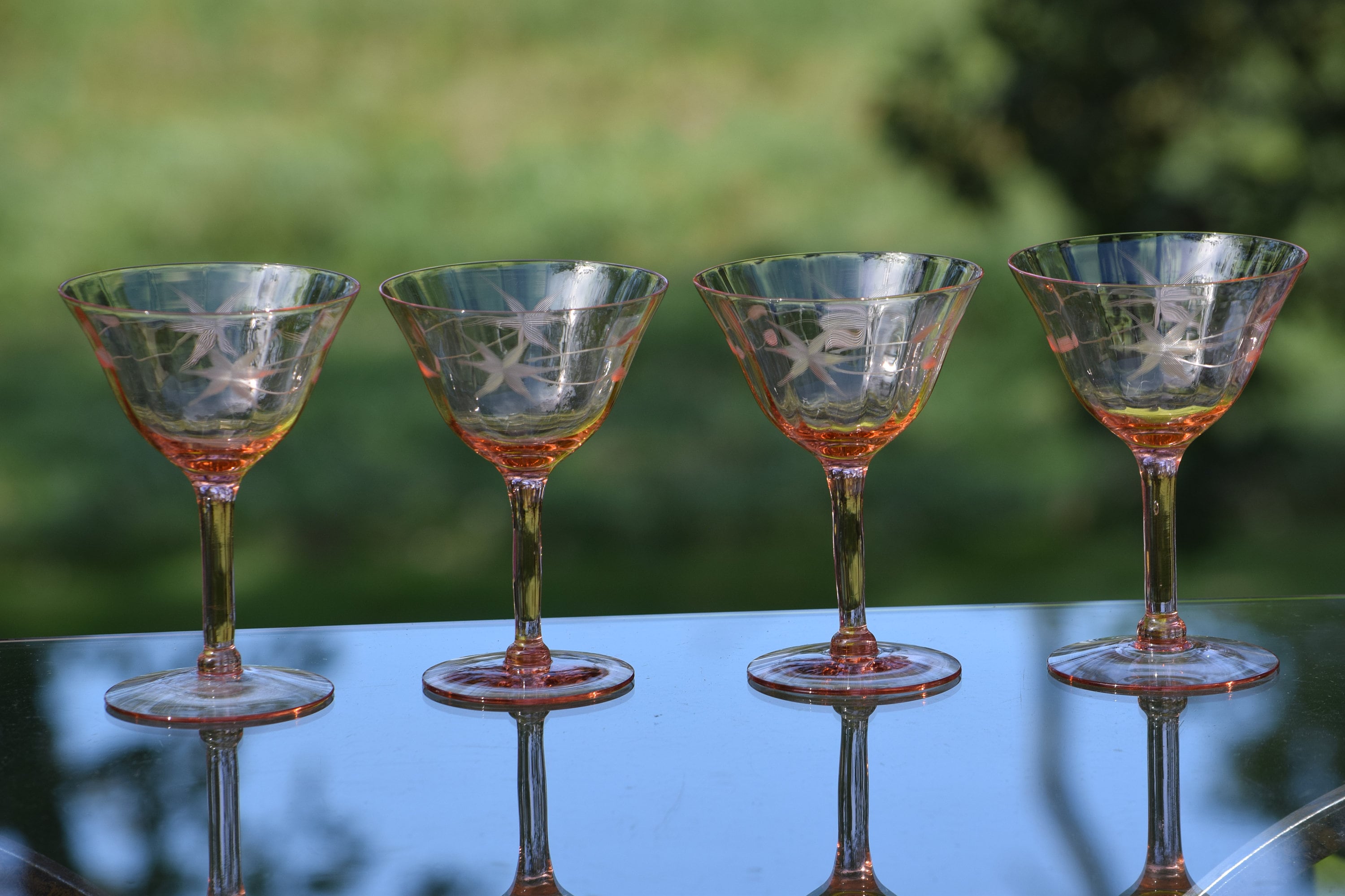 Vintage Etched PINK DEPRESSION Glass Cocktail Martini Glasses, Set of