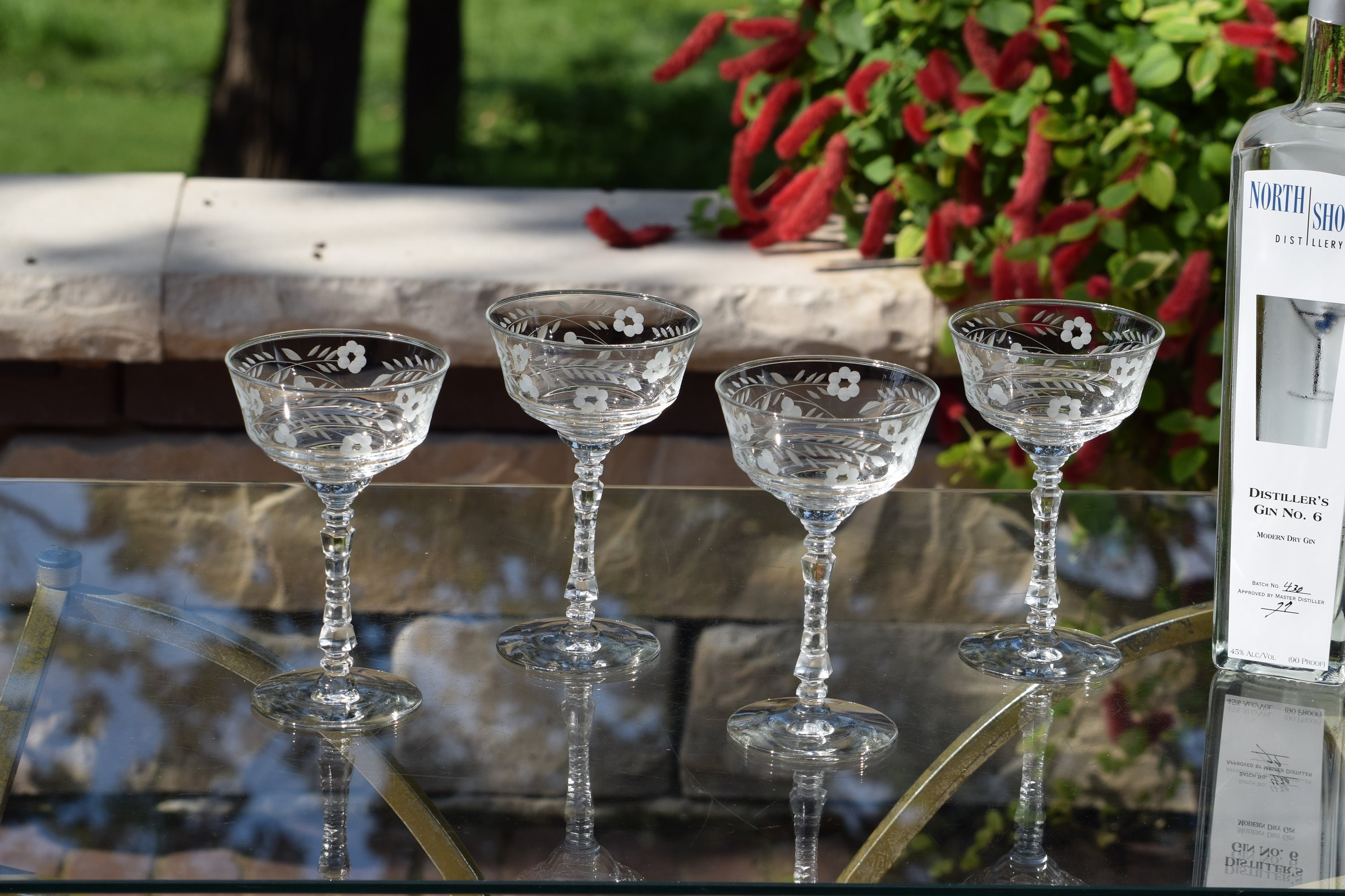 6 Vintage Etched Cocktail - Champagne Glasses, 1950's Rock Sharpe