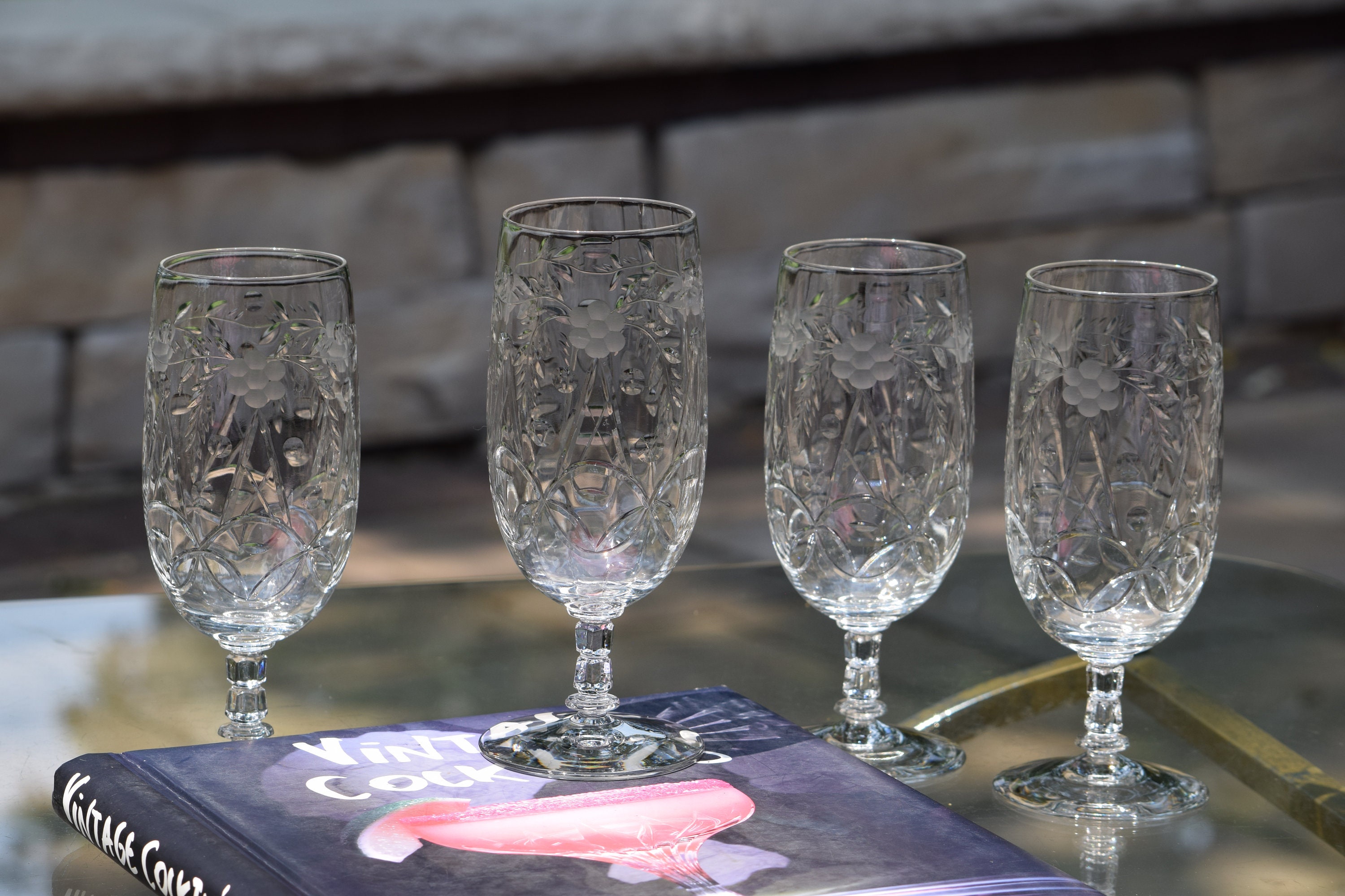 4 Vintage Etched CRYSTAL Wine Glasses, 1940's ~~ 12 oz Wine